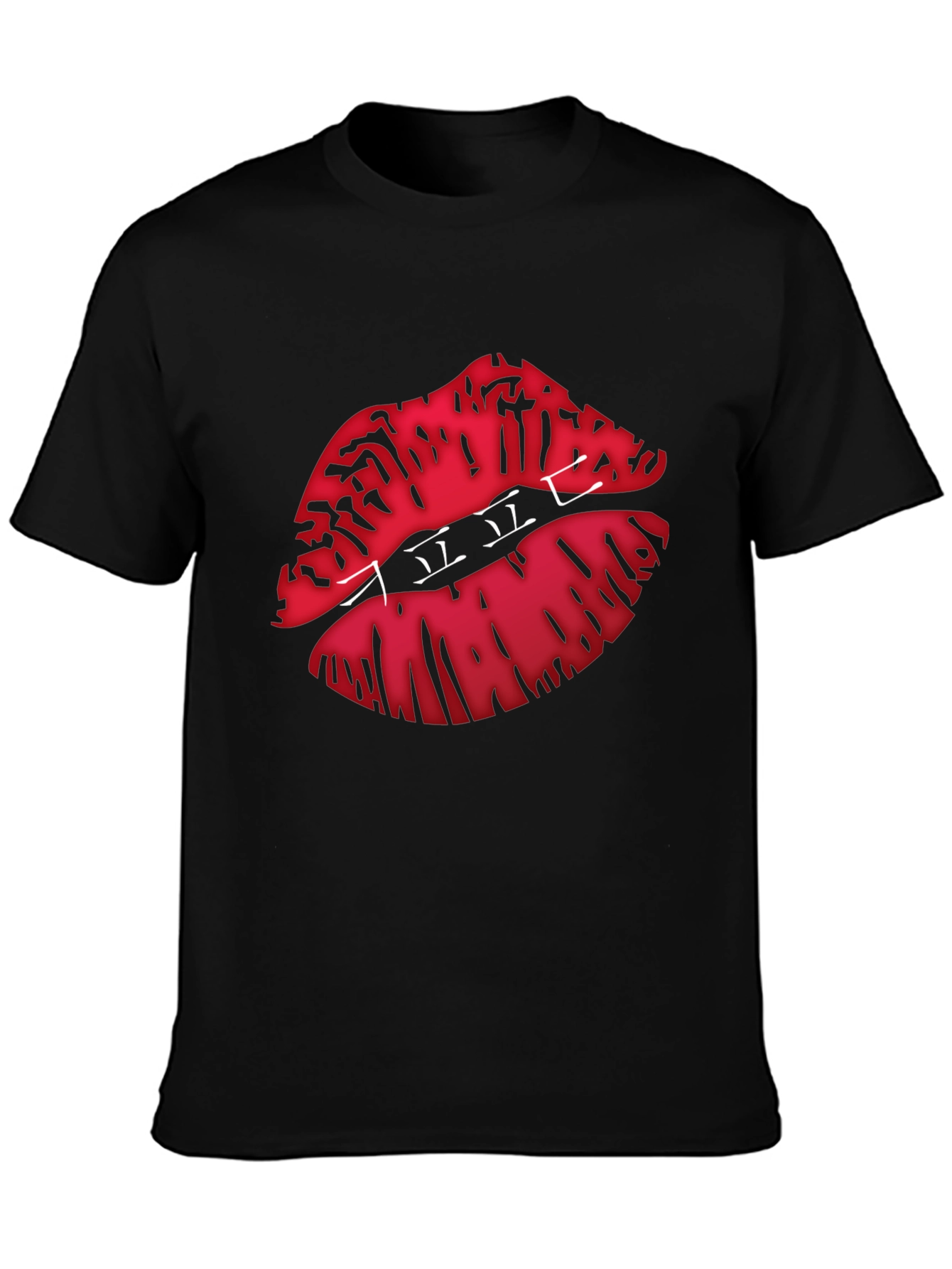 Graphic Lips Print Black Crew Neck T-Shirt
