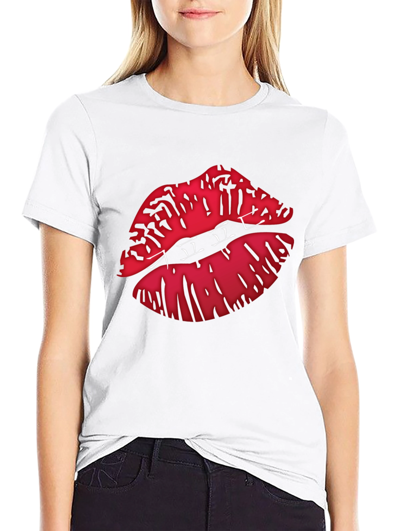 Graphic Lips Print Black Crew Neck T-Shirt