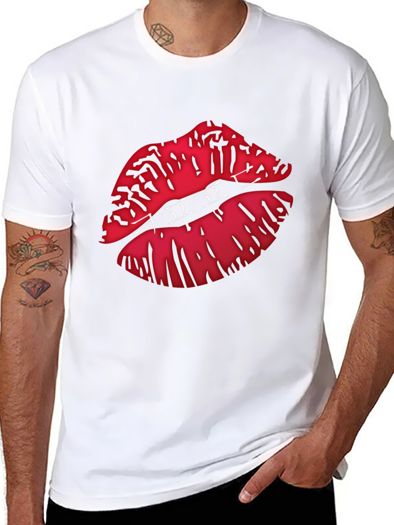 Graphic Lips Print Black Crew Neck T-Shirt