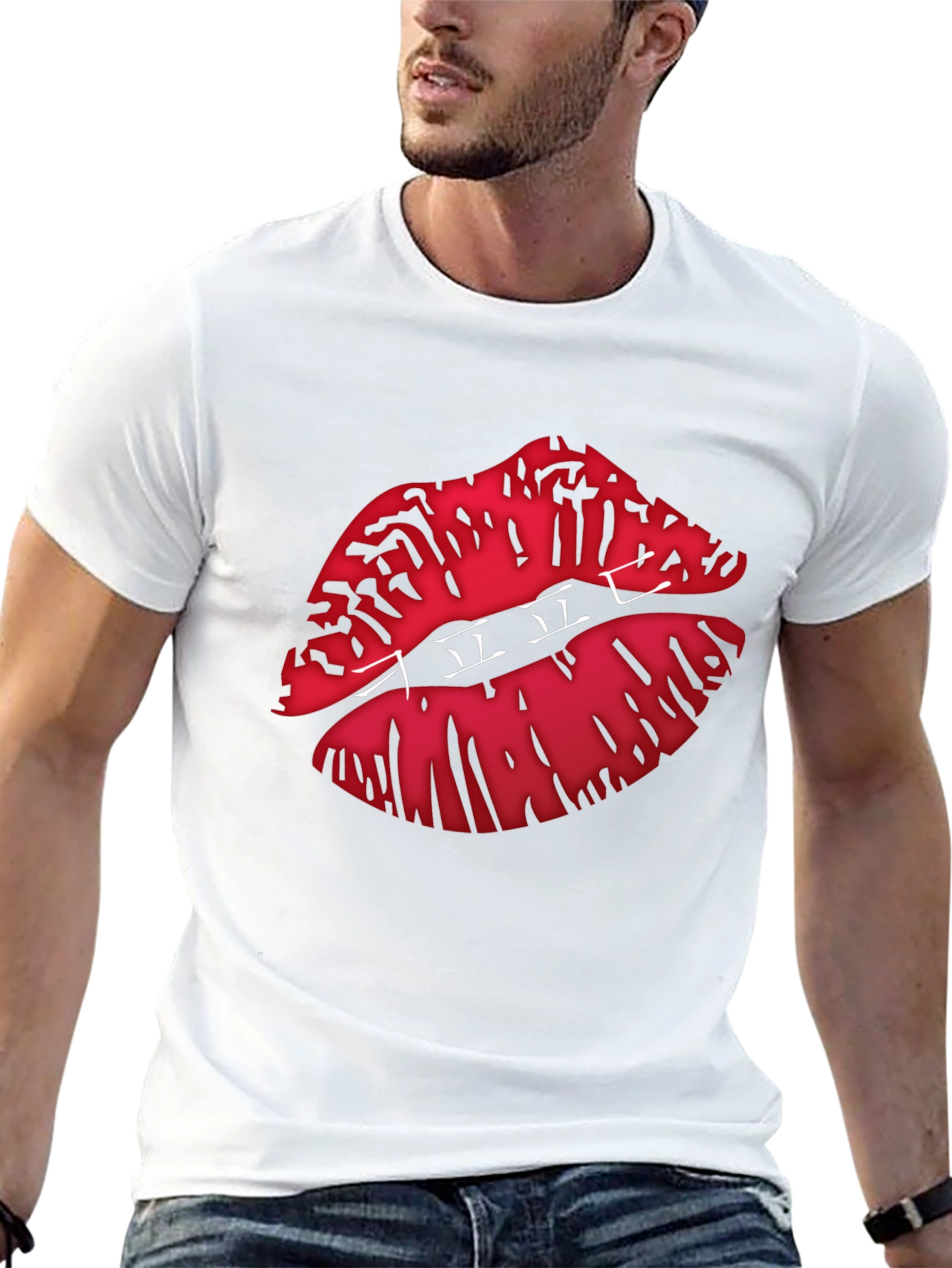 Graphic Lips Print Black Crew Neck T-Shirt