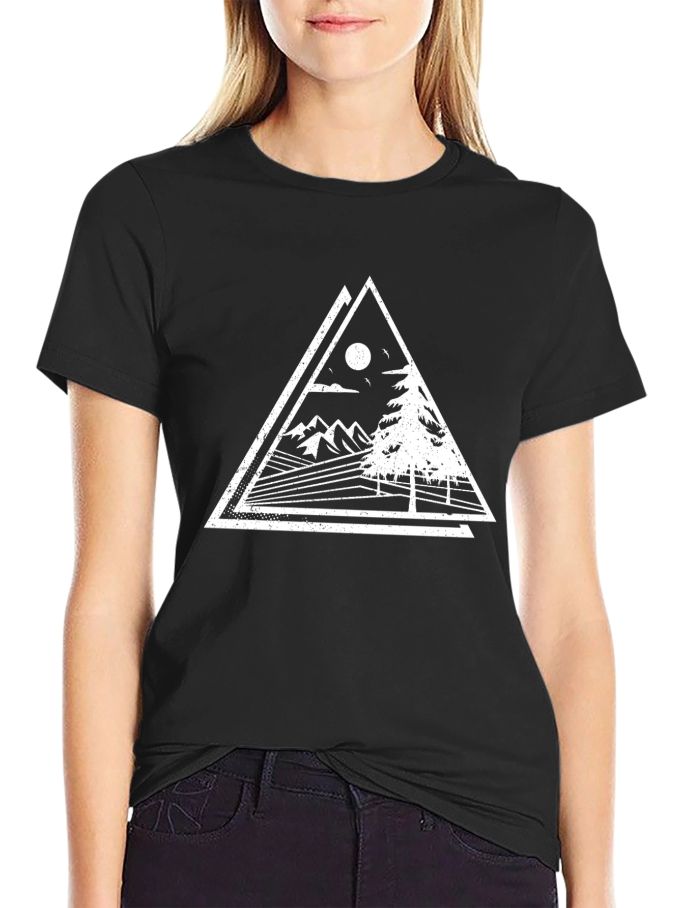 Geometric Mountain Scene Black Tee