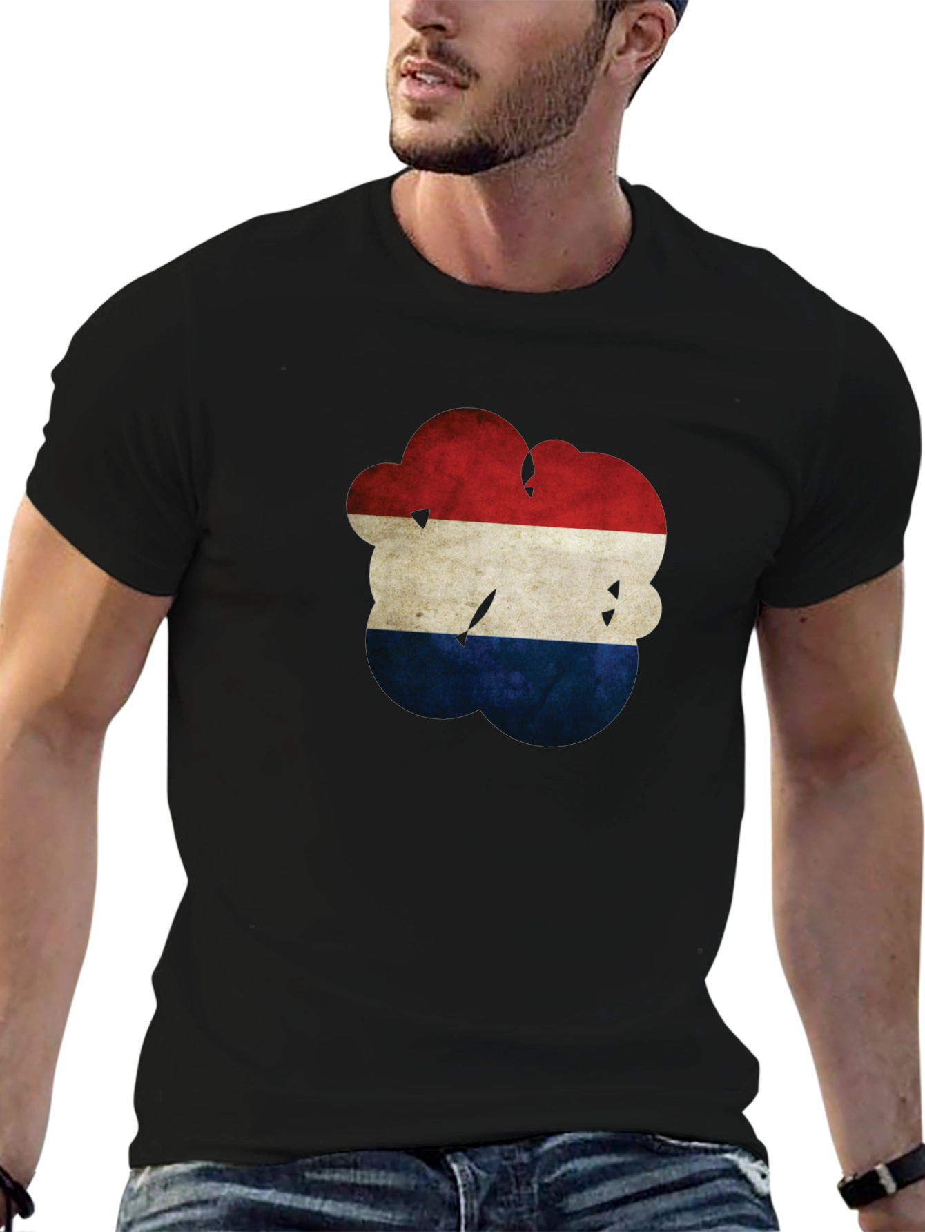 Distressed Netherlands Flag Graphic Tee - Black Cotton