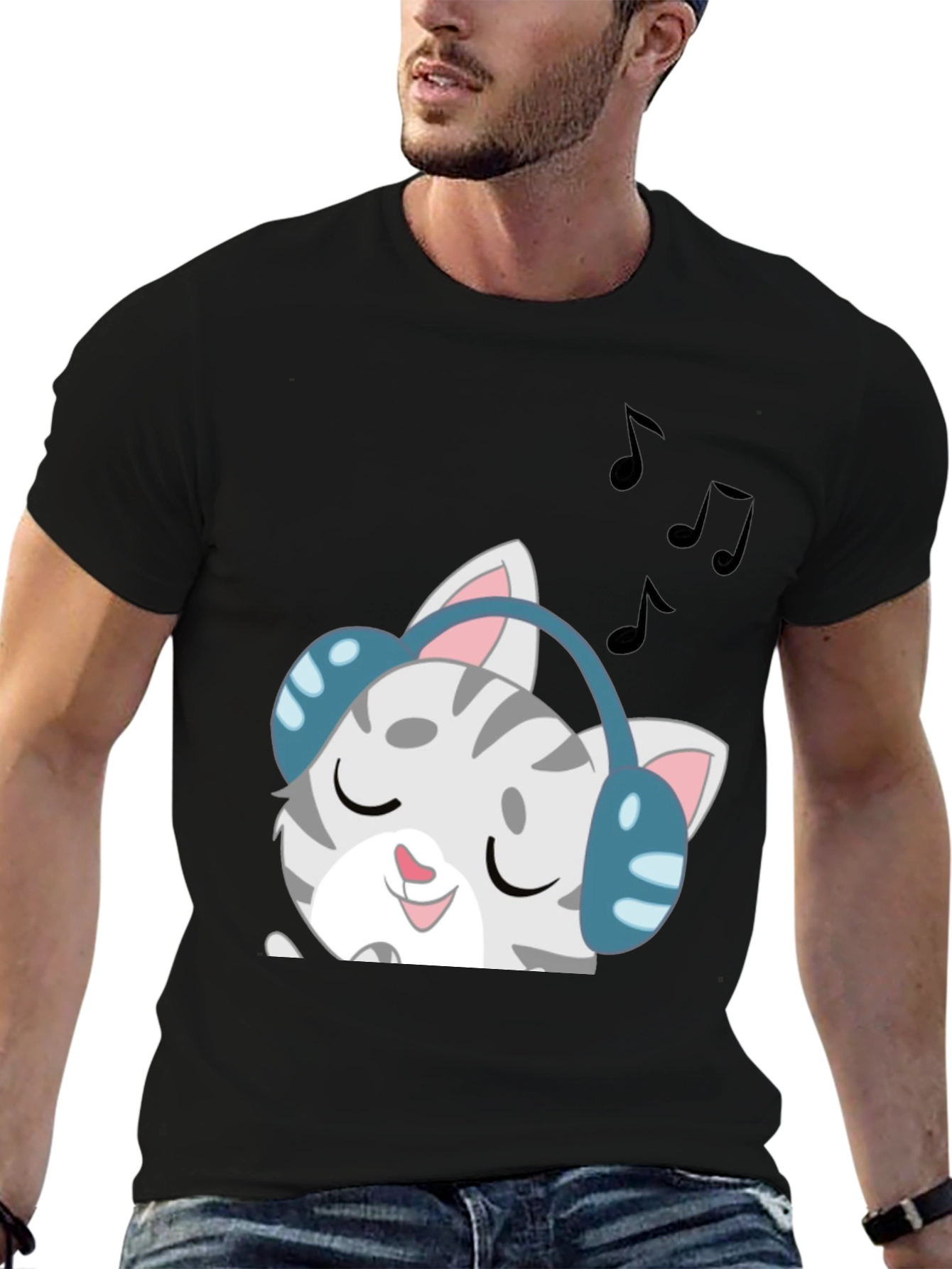 Cool Cat Headphones Graphic Tee - Black