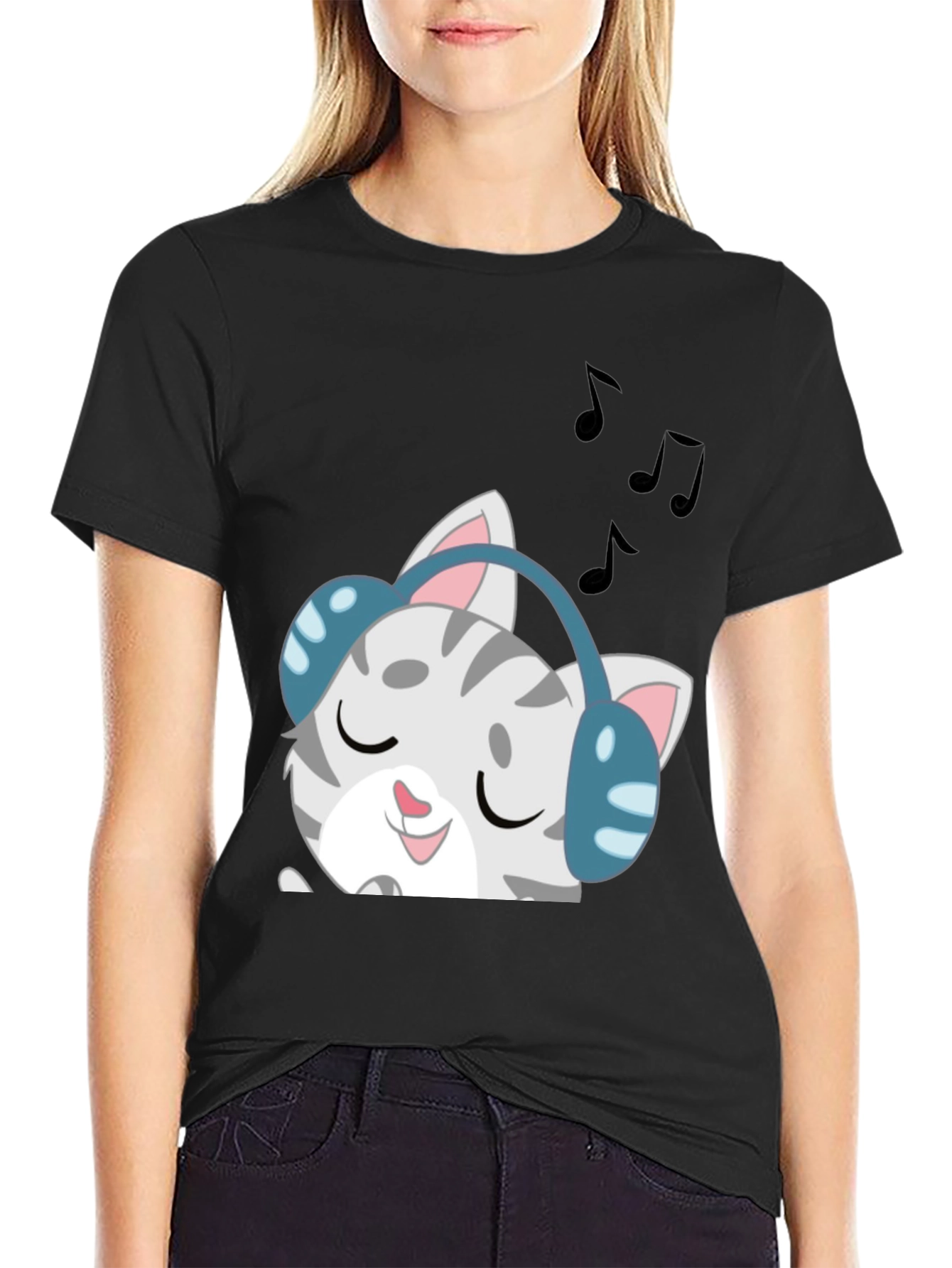 Cool Cat Headphones Graphic Tee - Black