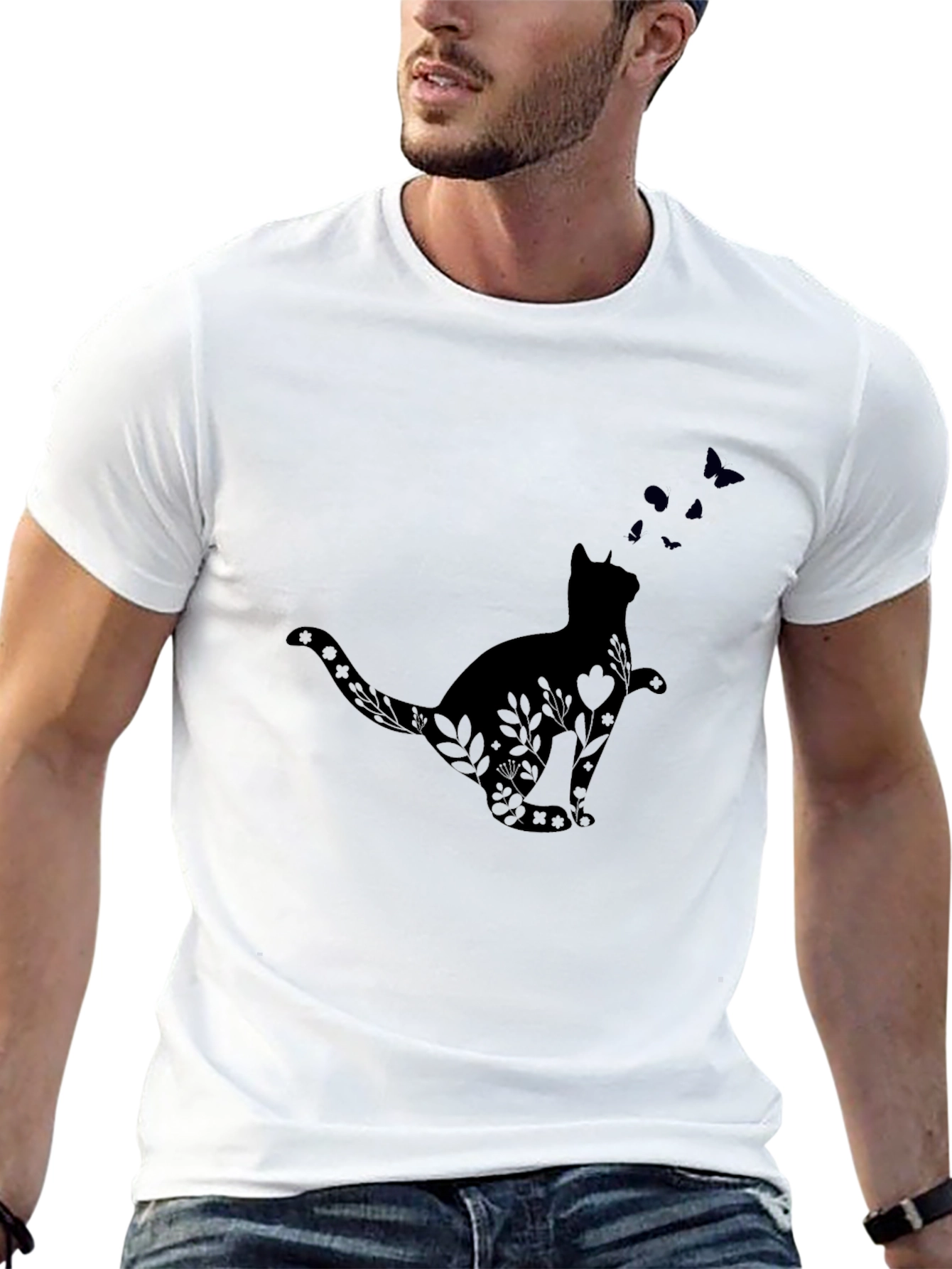 Cat & Butterfly Graphic Tee - Unisex Black T-Shirt