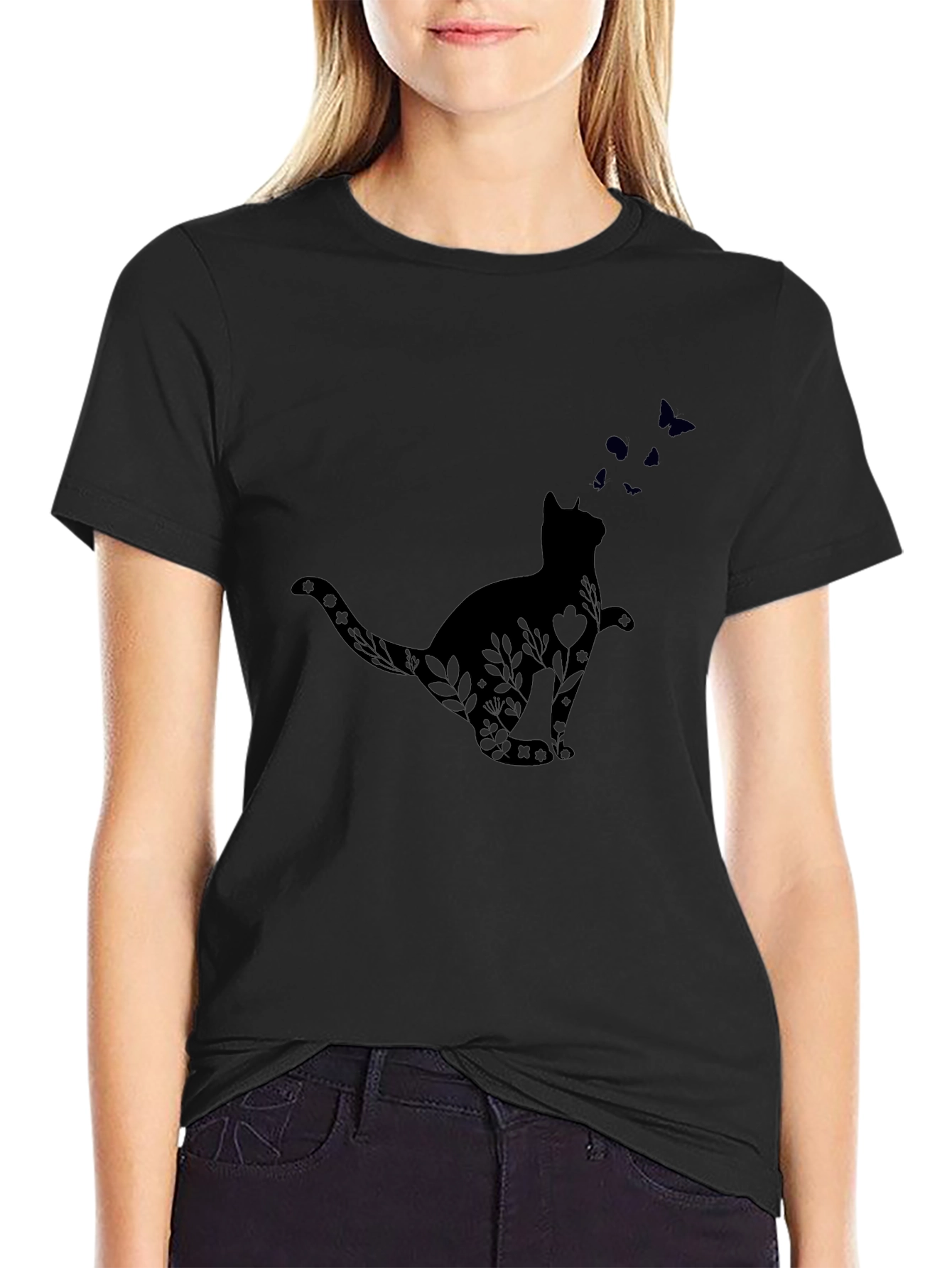 Cat & Butterfly Graphic Tee - Unisex Black T-Shirt