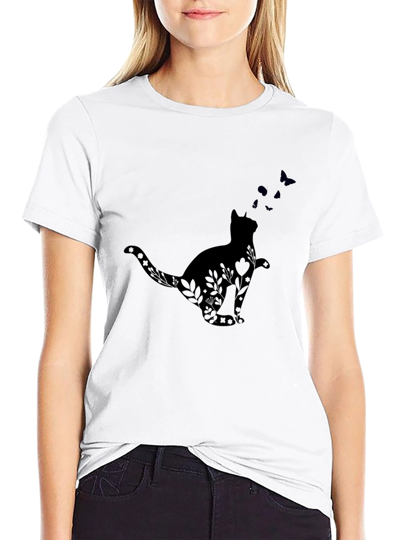 Cat & Butterfly Graphic Tee - Unisex Black T-Shirt