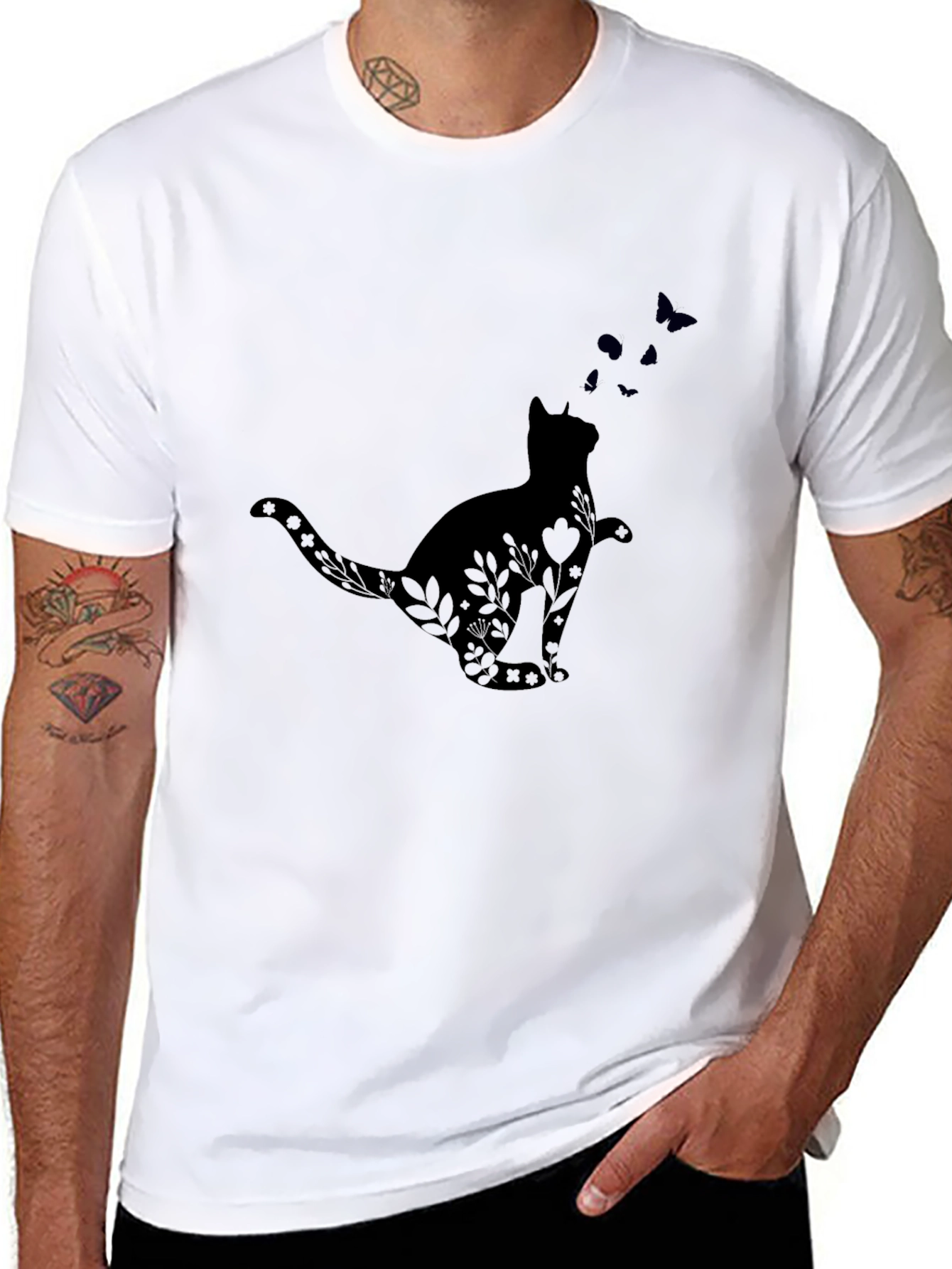 Cat & Butterfly Graphic Tee - Unisex Black T-Shirt