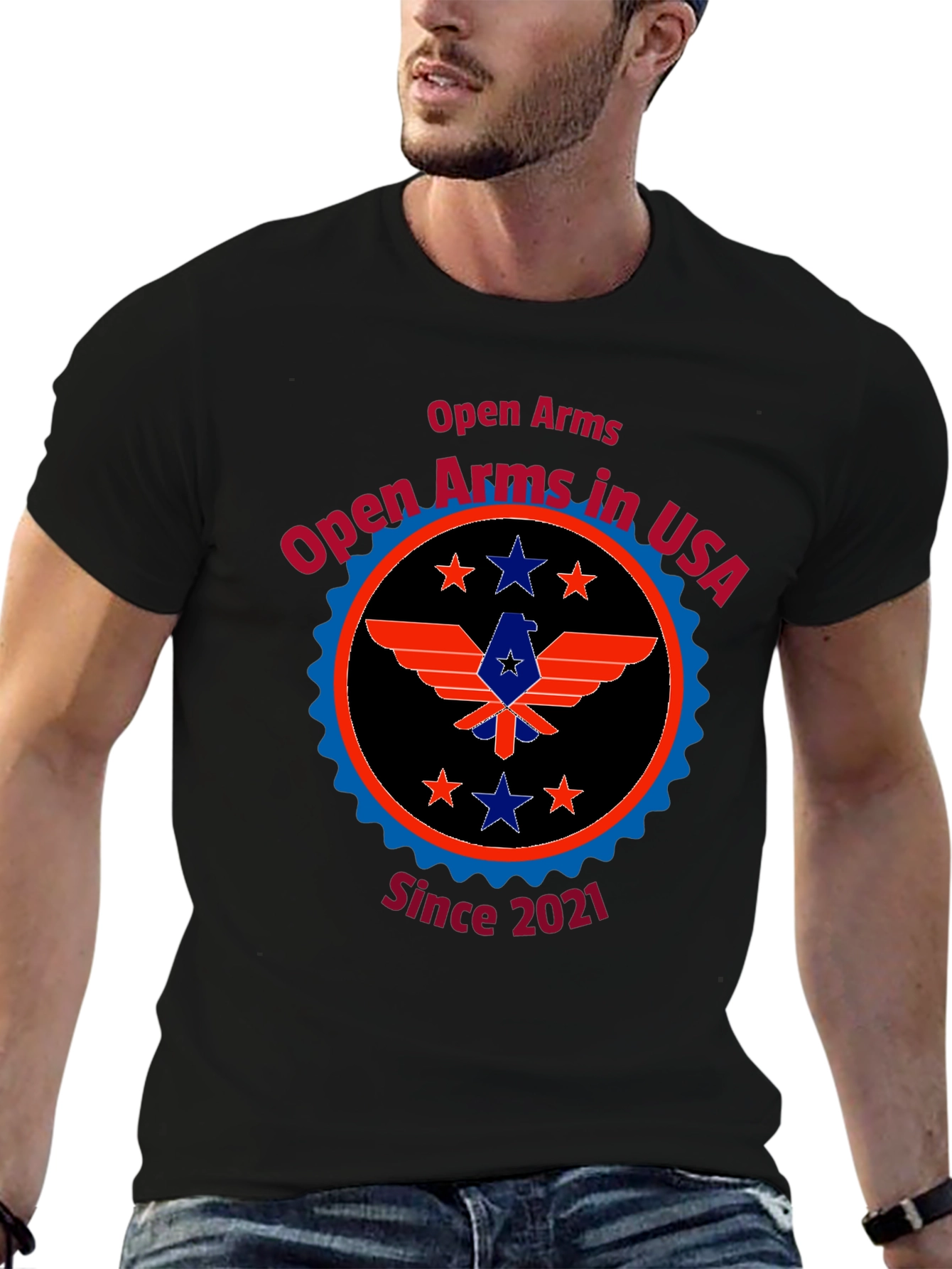 Open Arms in USA Black Tee - Patriotic Design