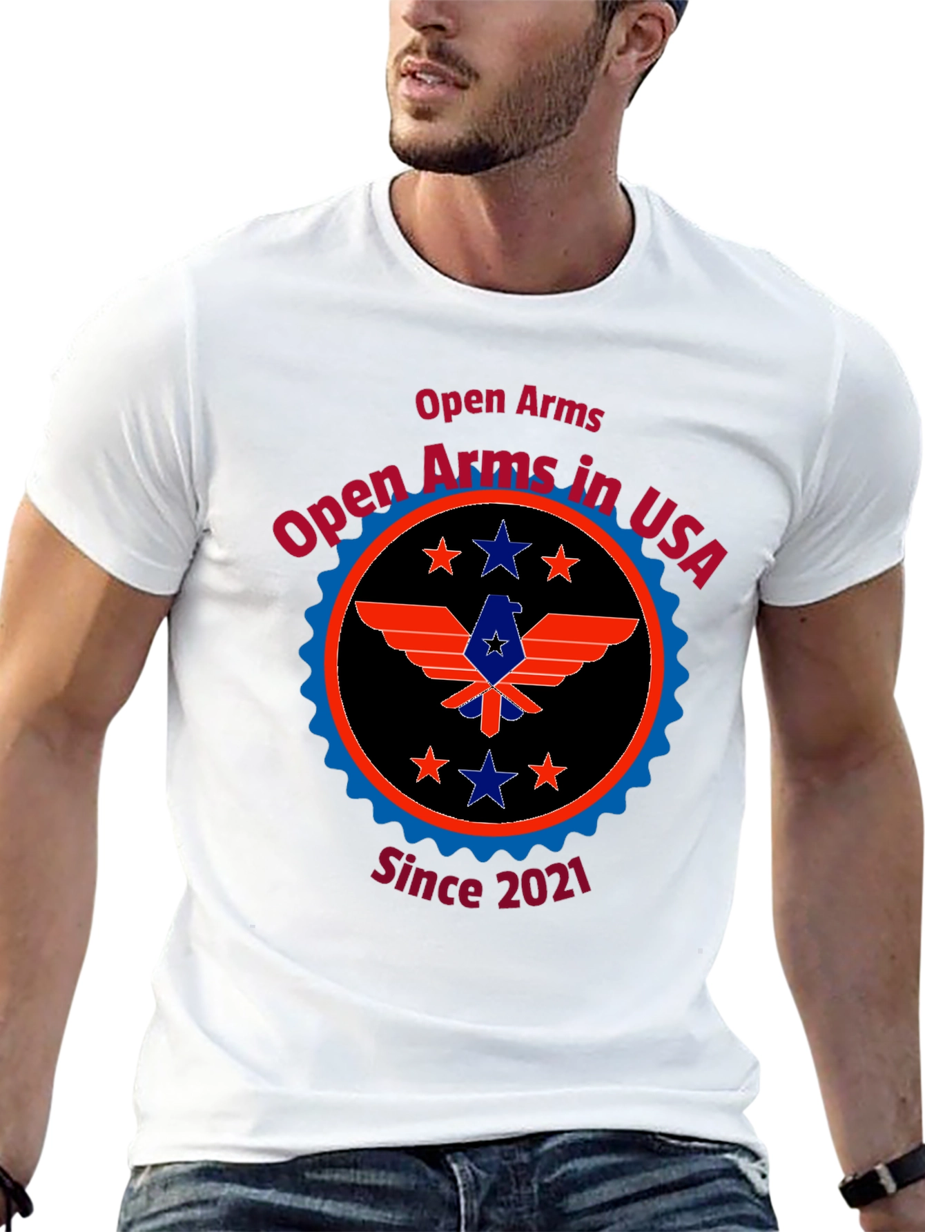 Open Arms in USA Black Tee - Patriotic Design