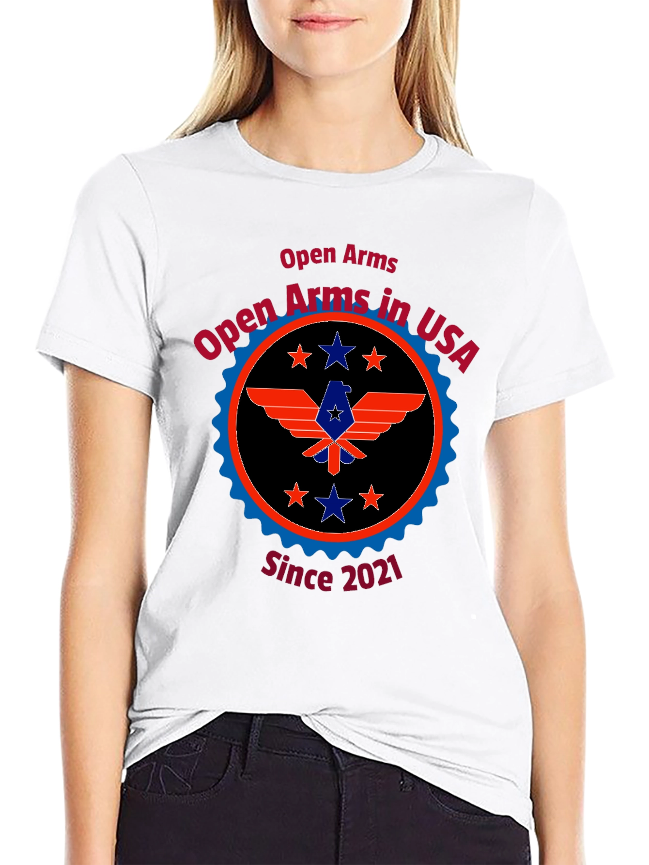 Open Arms in USA Black Tee - Patriotic Design