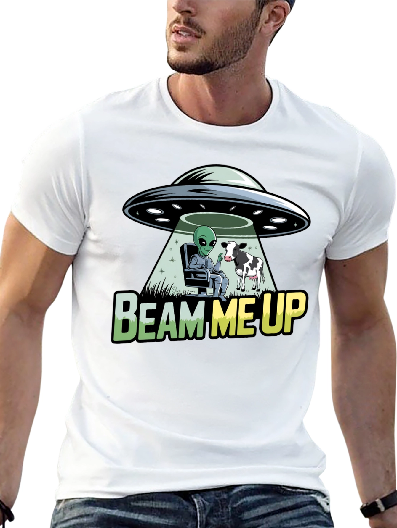 Beam Me Up Alien and Cow Graphic T-Shirt