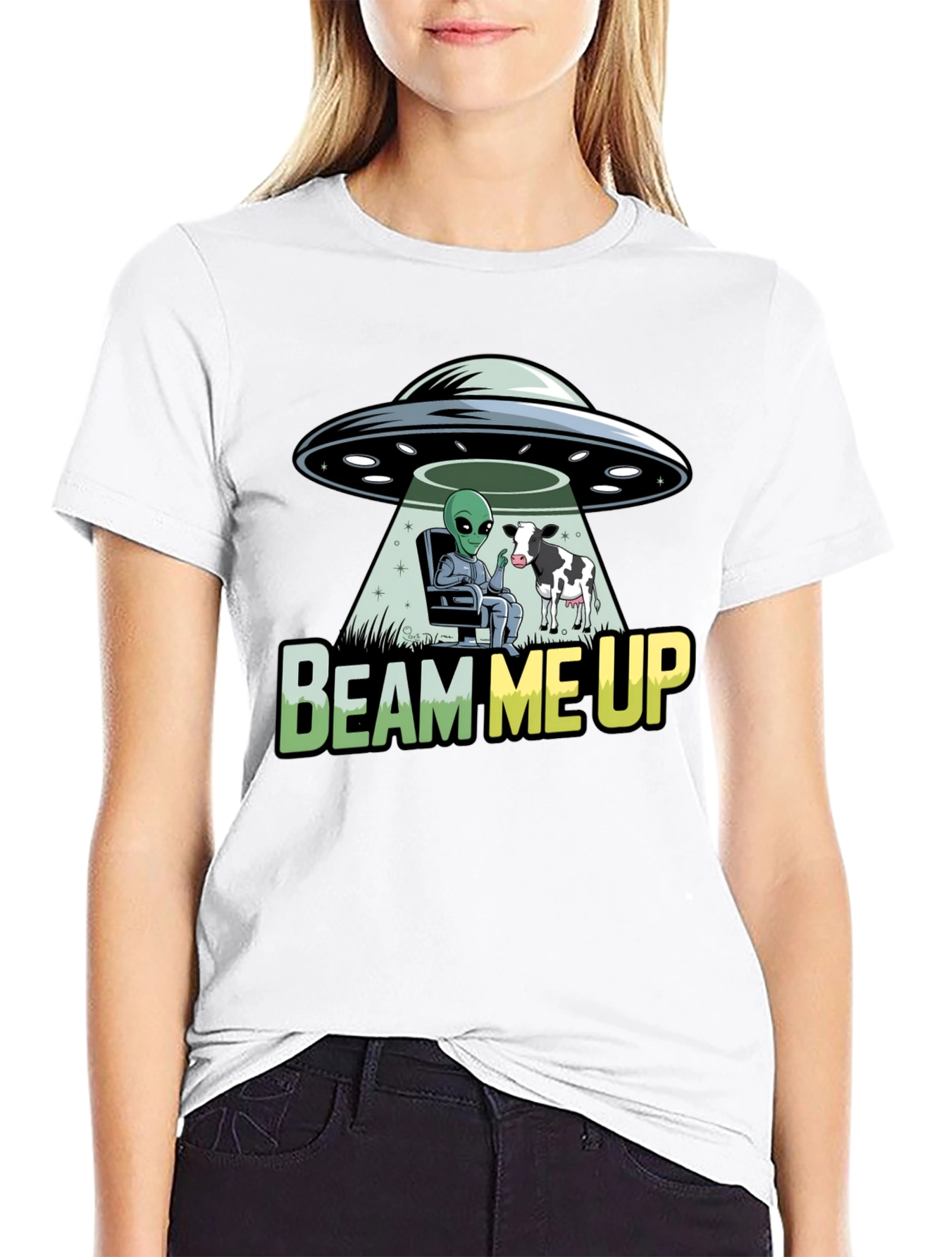 Beam Me Up Alien and Cow Graphic T-Shirt