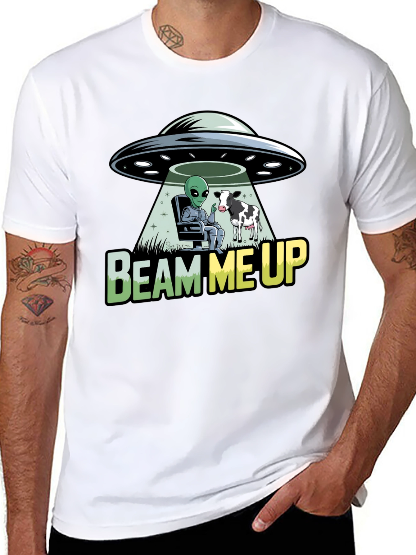 Beam Me Up Alien and Cow Graphic T-Shirt