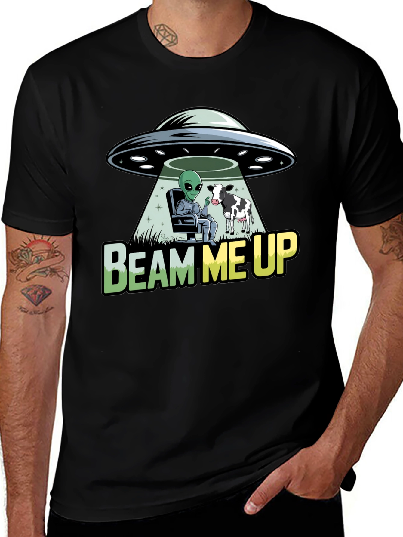 Beam Me Up Alien and Cow Graphic T-Shirt
