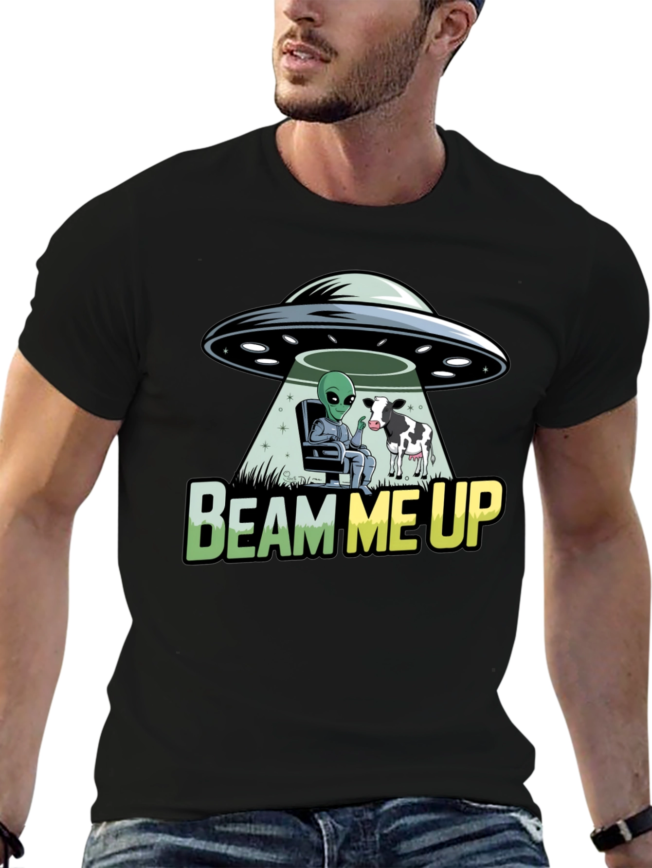 Beam Me Up Alien and Cow Graphic T-Shirt