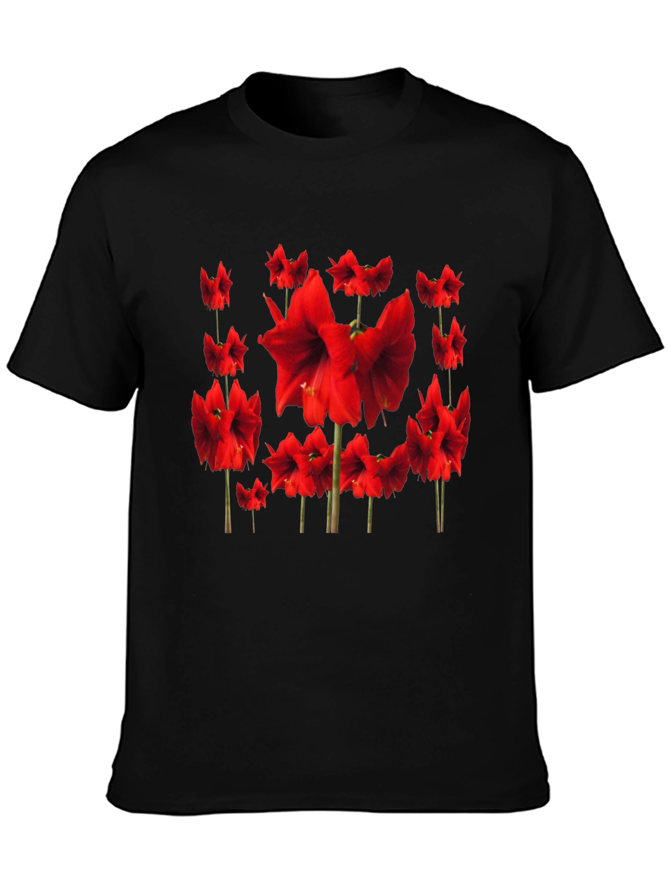 Red Amaryllis Flower Print Black T-Shirt