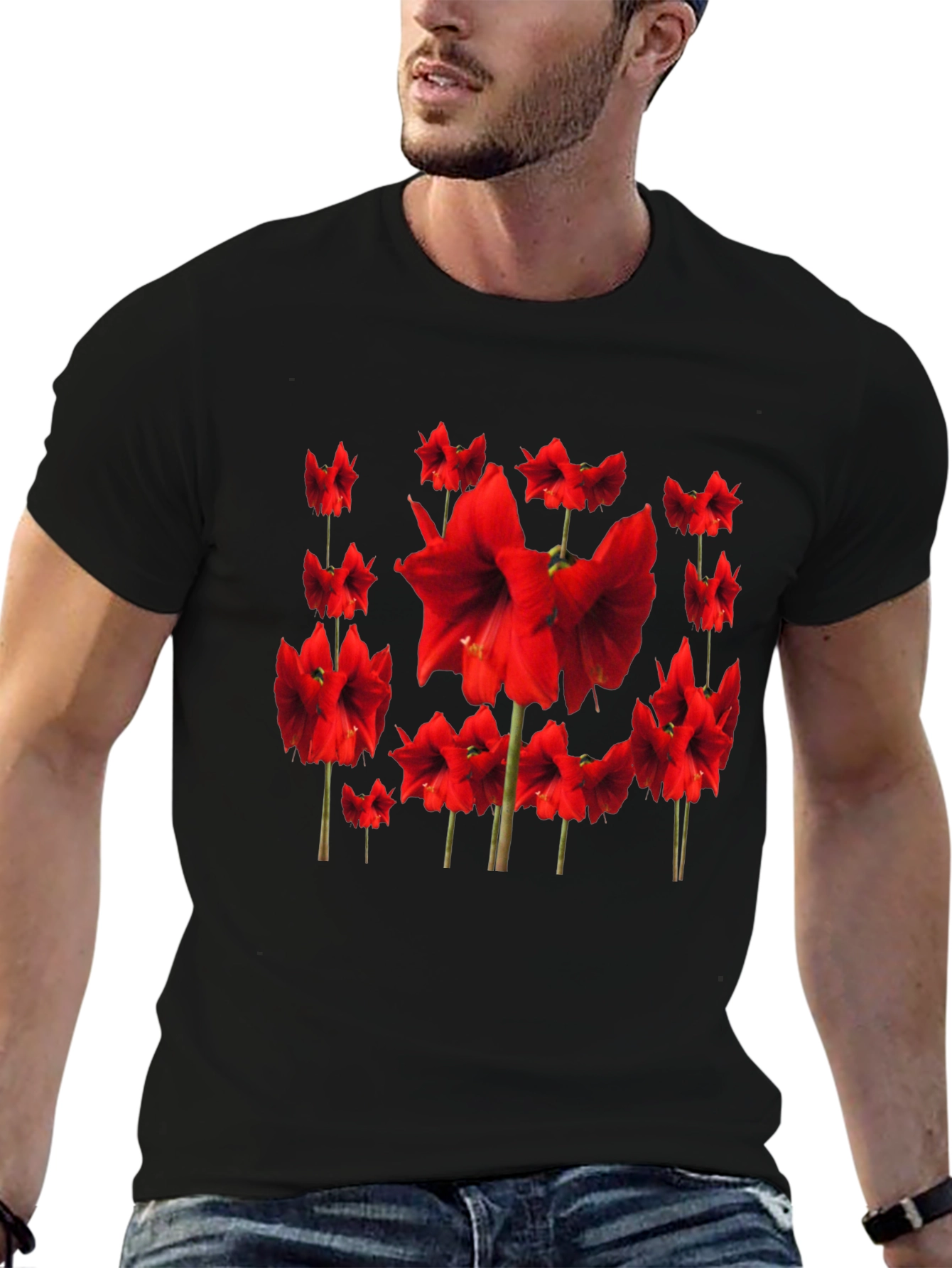Red Amaryllis Flower Print Black T-Shirt
