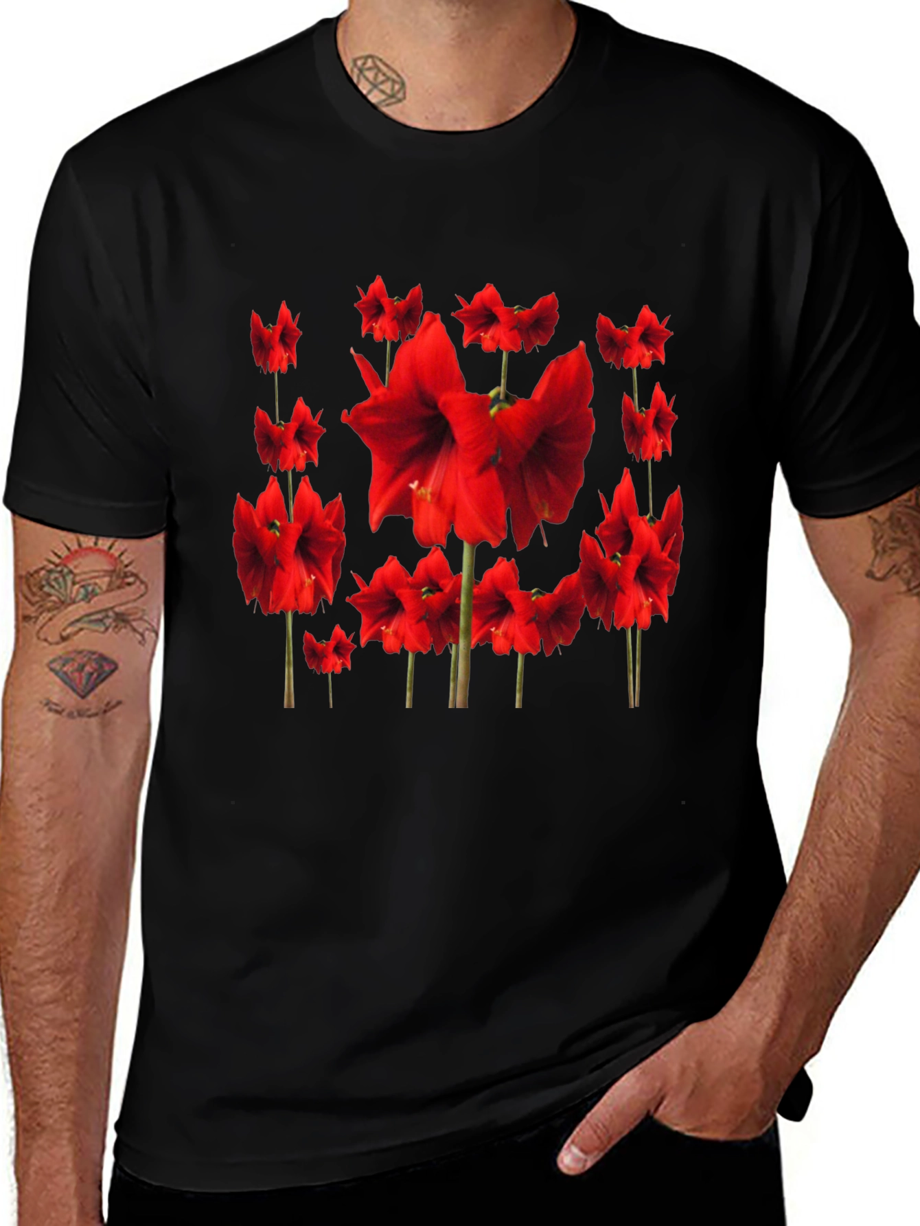 Red Amaryllis Flower Print Black T-Shirt