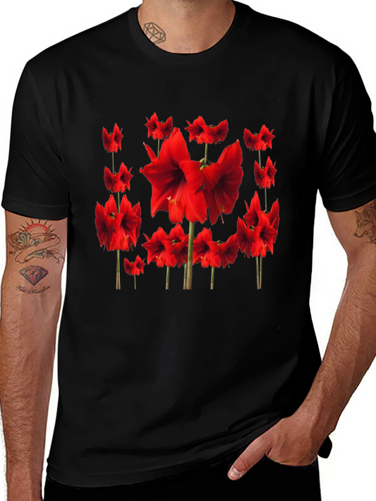 Red Amaryllis Flower Print Black T-Shirt