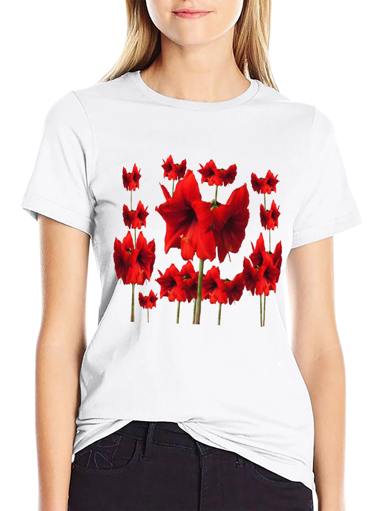 Red Amaryllis Flower Print Black T-Shirt
