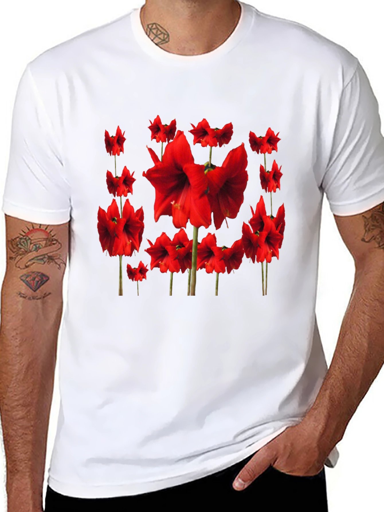 Red Amaryllis Flower Print Black T-Shirt