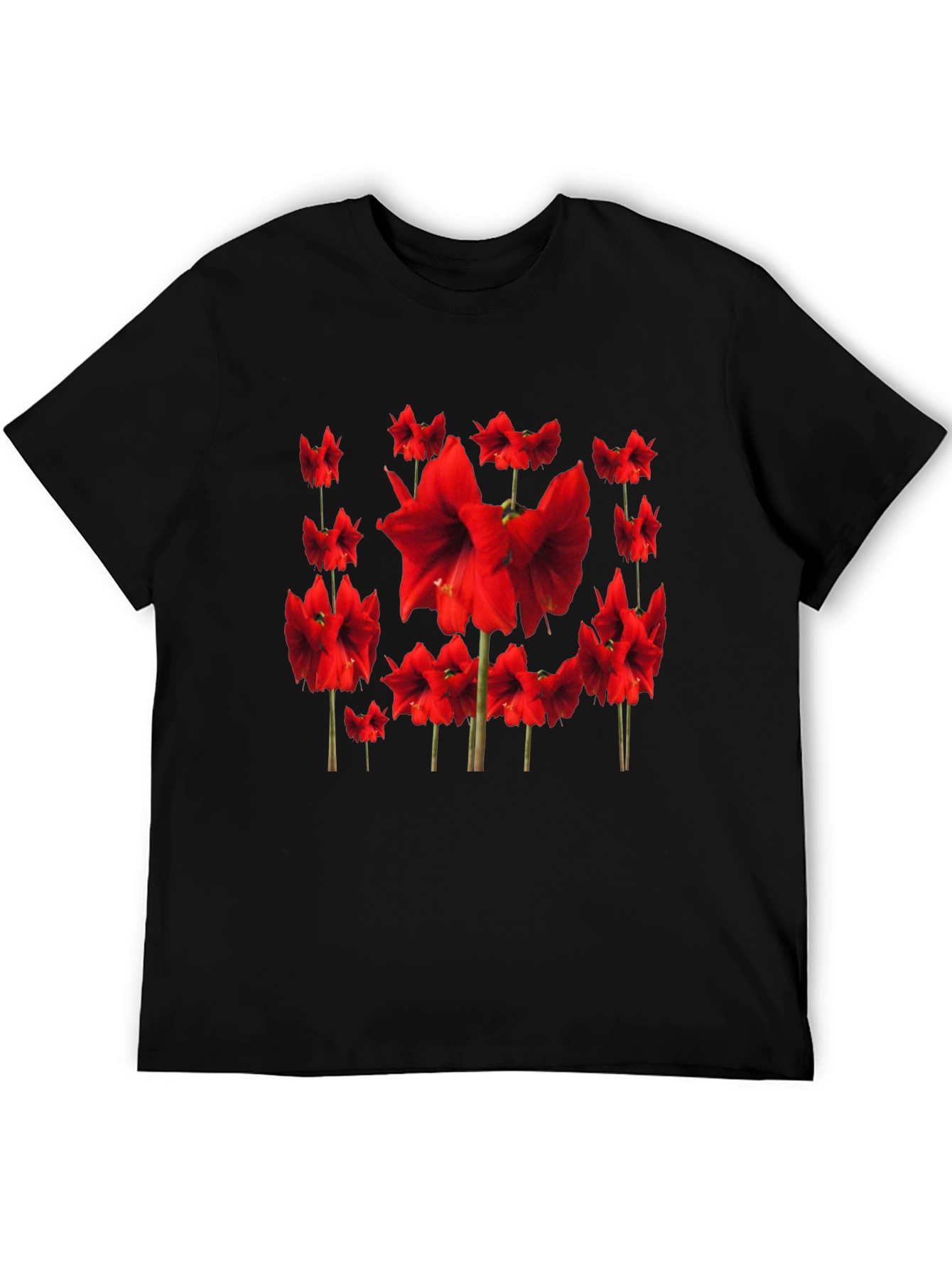 Red Amaryllis Flower Print Black T-Shirt