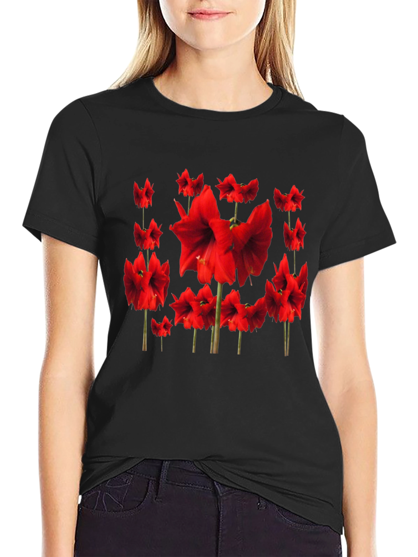 Red Amaryllis Flower Print Black T-Shirt