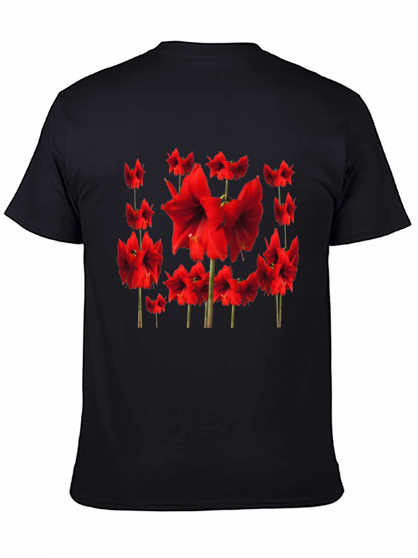 Red Amaryllis Flower Print Black T-Shirt