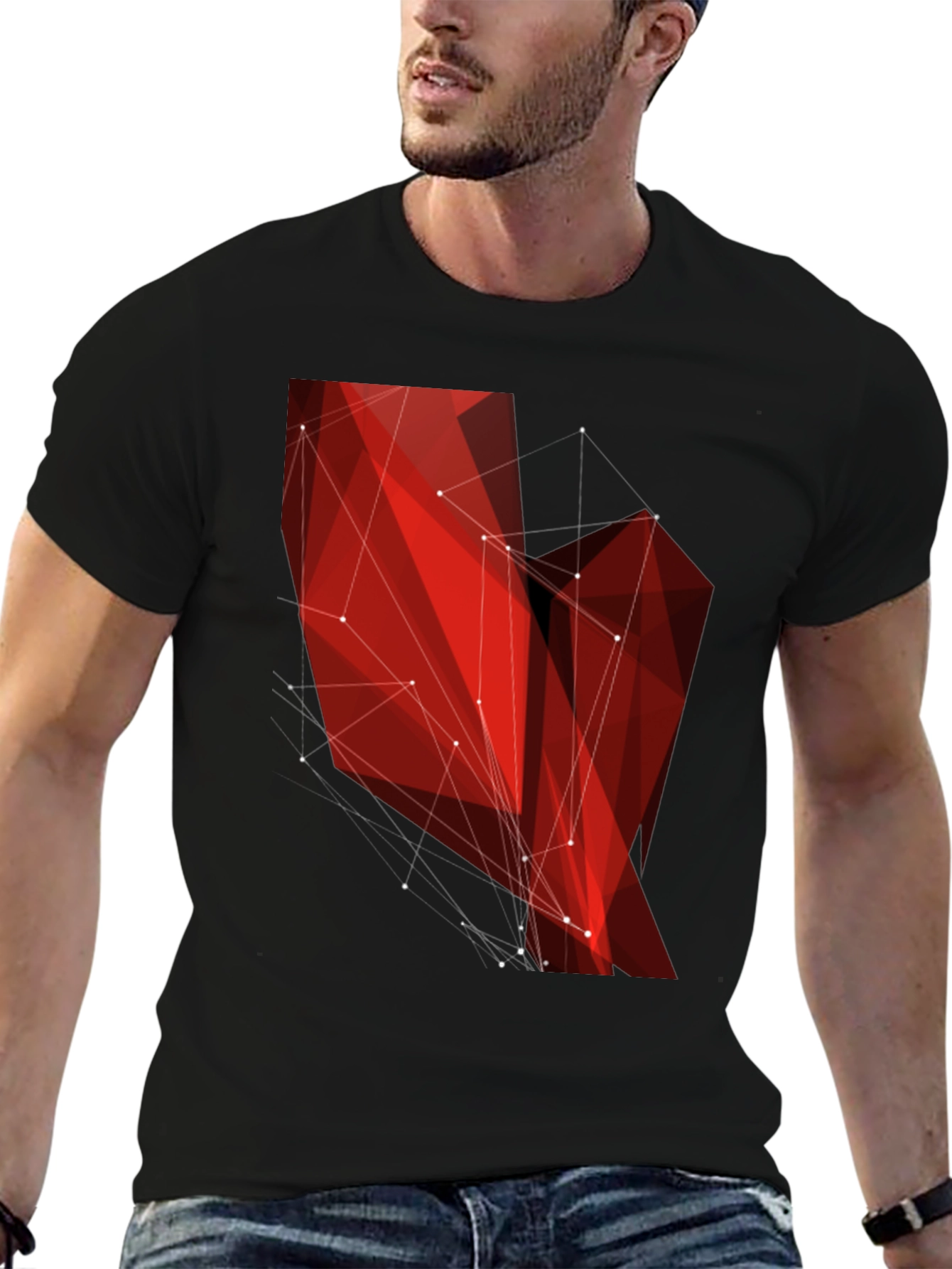 Geometric Red Polygon Black T-Shirt