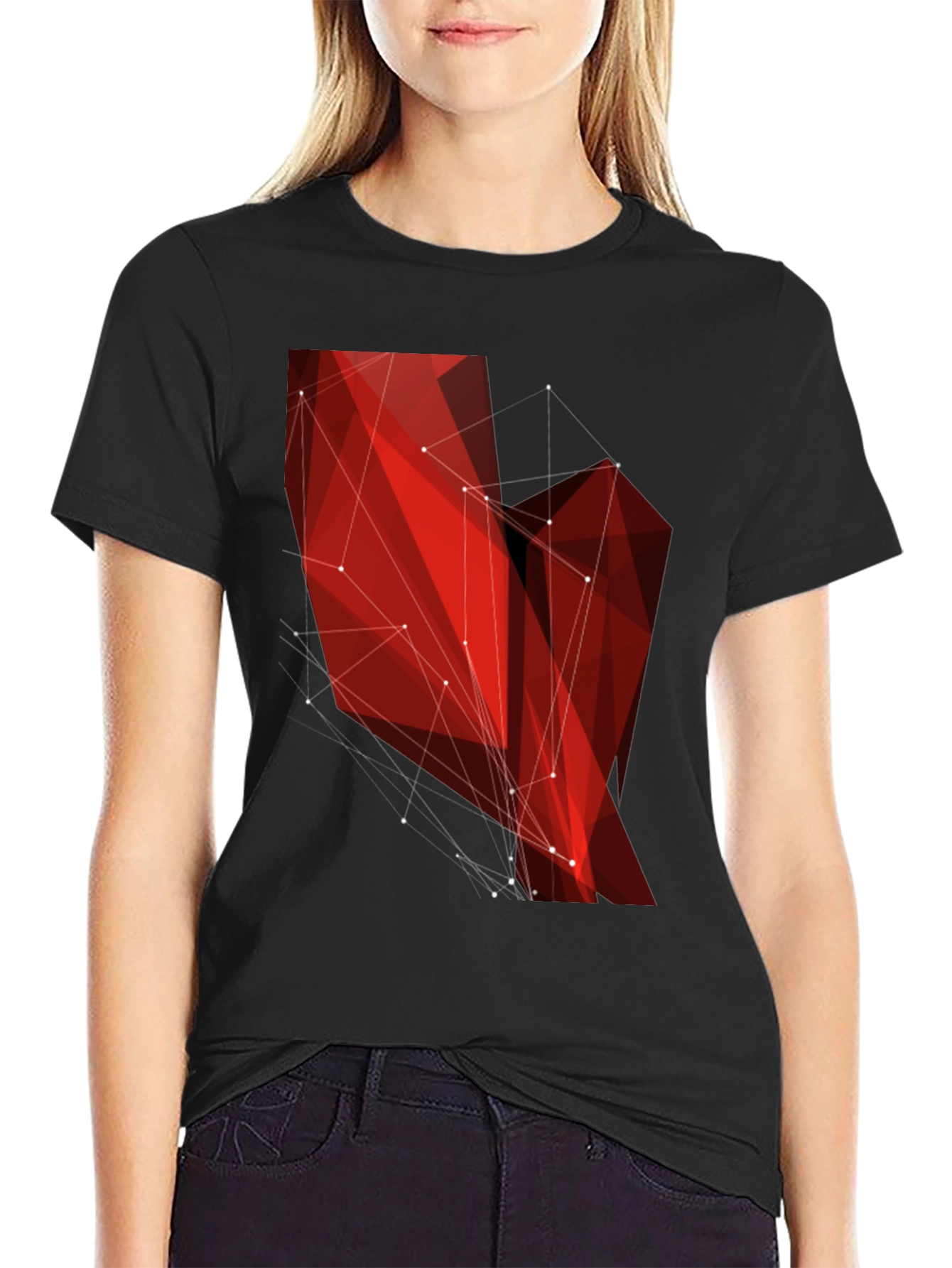 Geometric Red Polygon Black T-Shirt