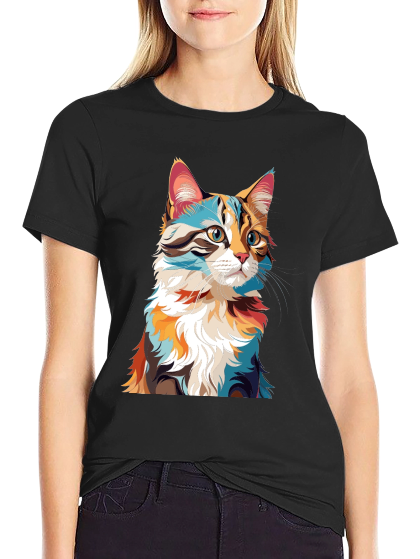 Abstract Cat Graphic Black T-Shirt