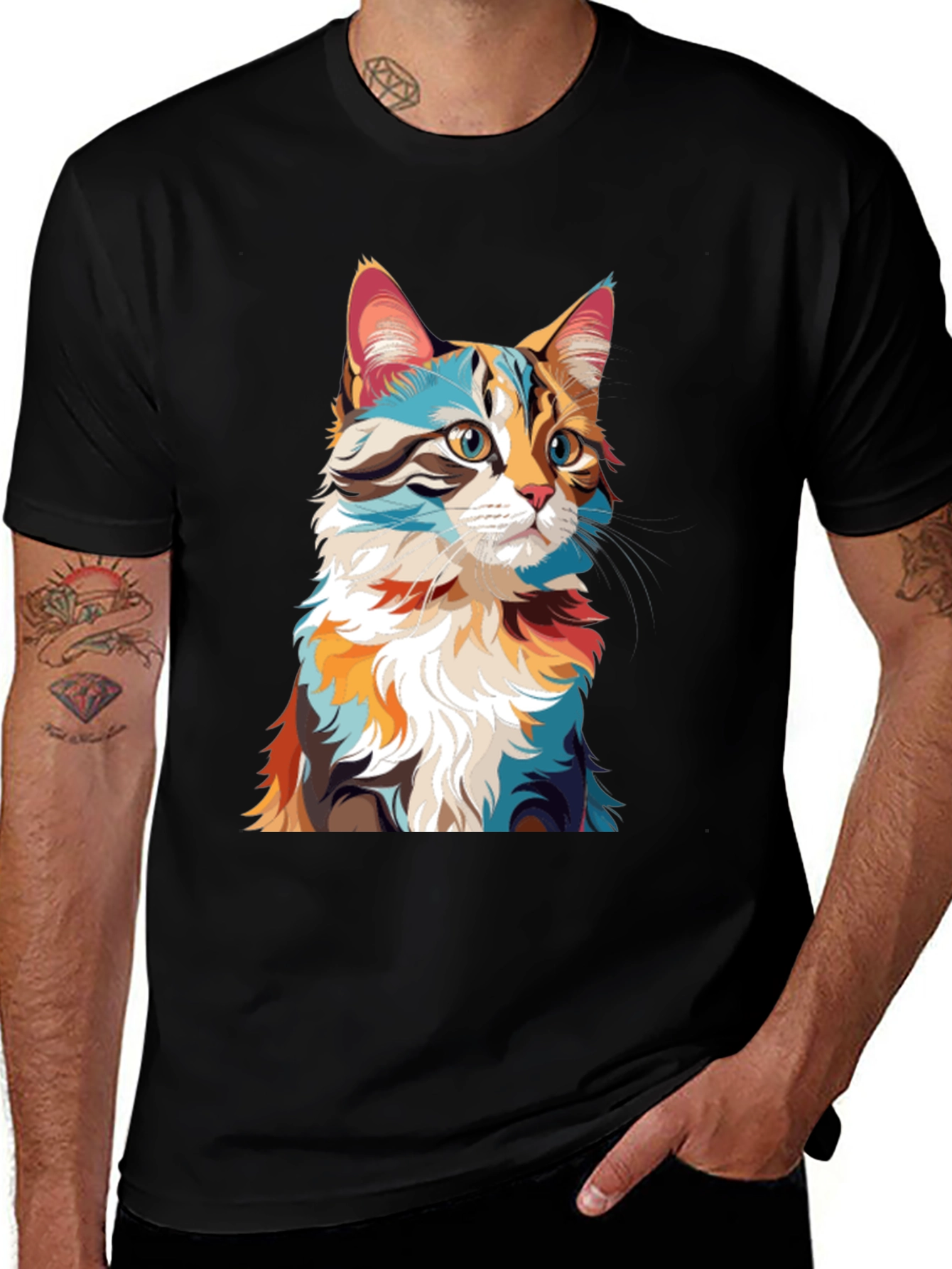 Abstract Cat Graphic Black T-Shirt