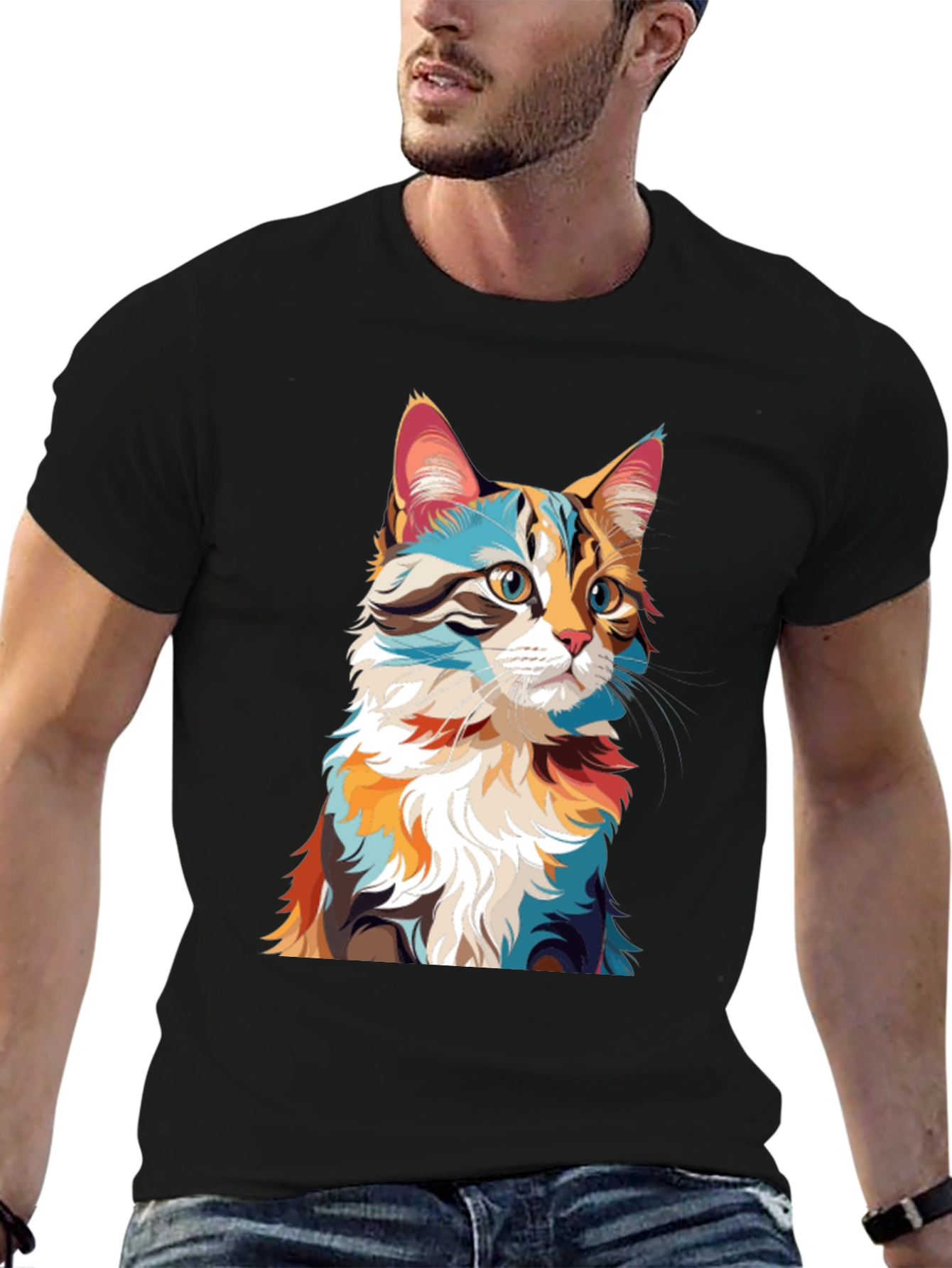 Abstract Cat Graphic Black T-Shirt