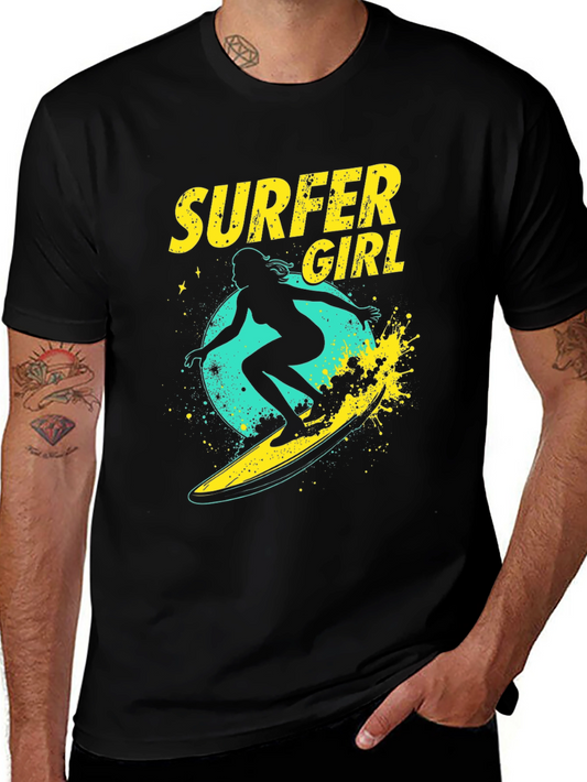 Surfer Girl Graphic Tee - Black Cotton T-Shirt
