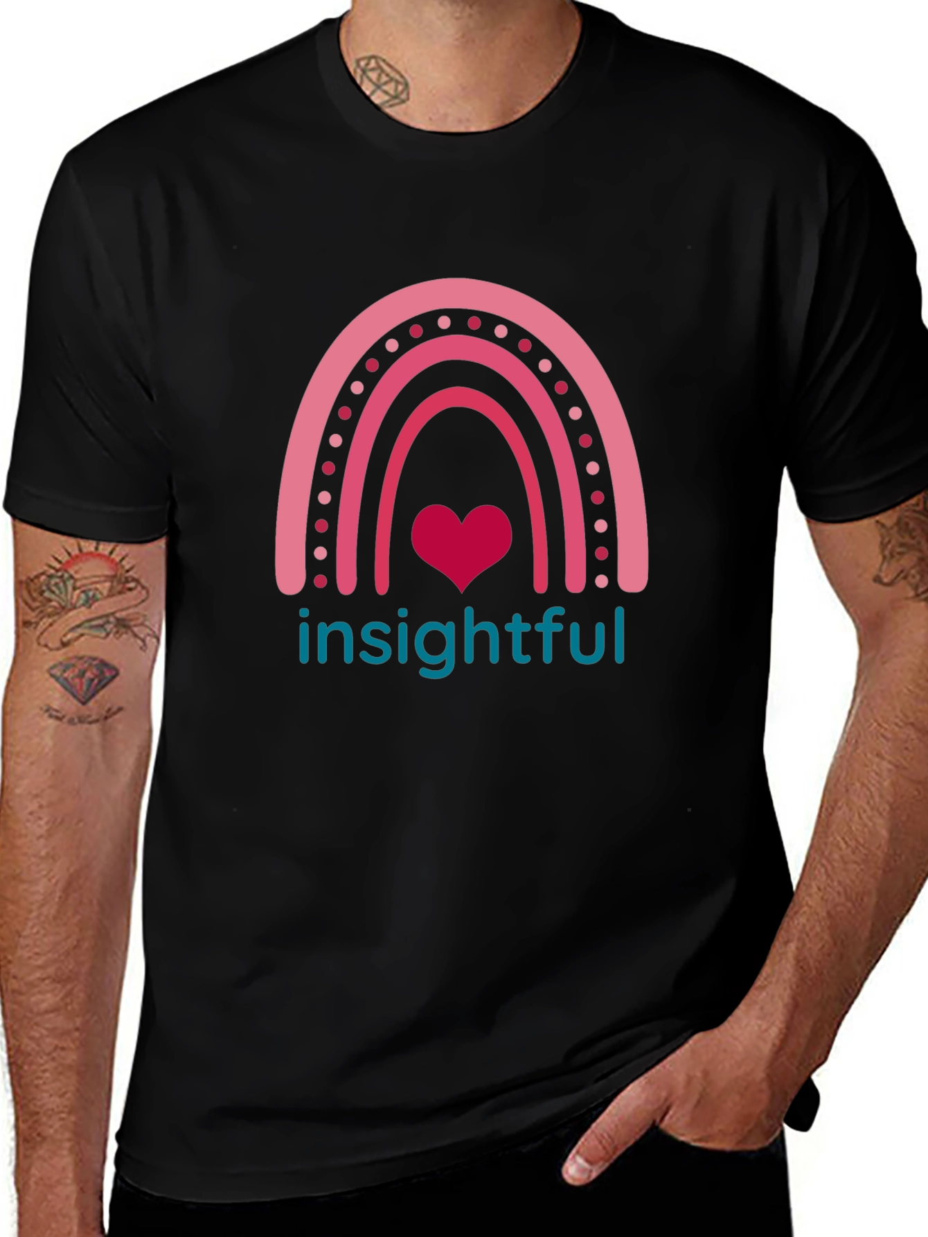 Insightful Rainbow Heart Tee - Black Casual T-Shirt