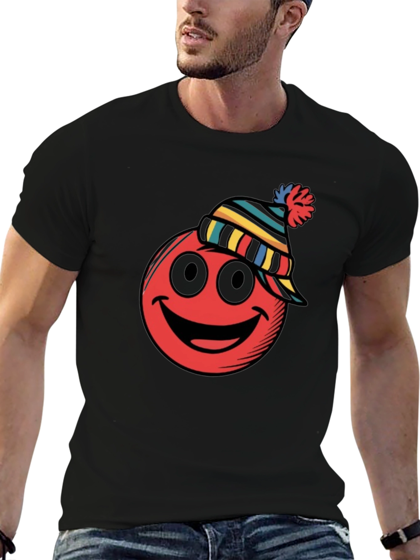 Red Smiley Face Winter Hat Graphic Tee