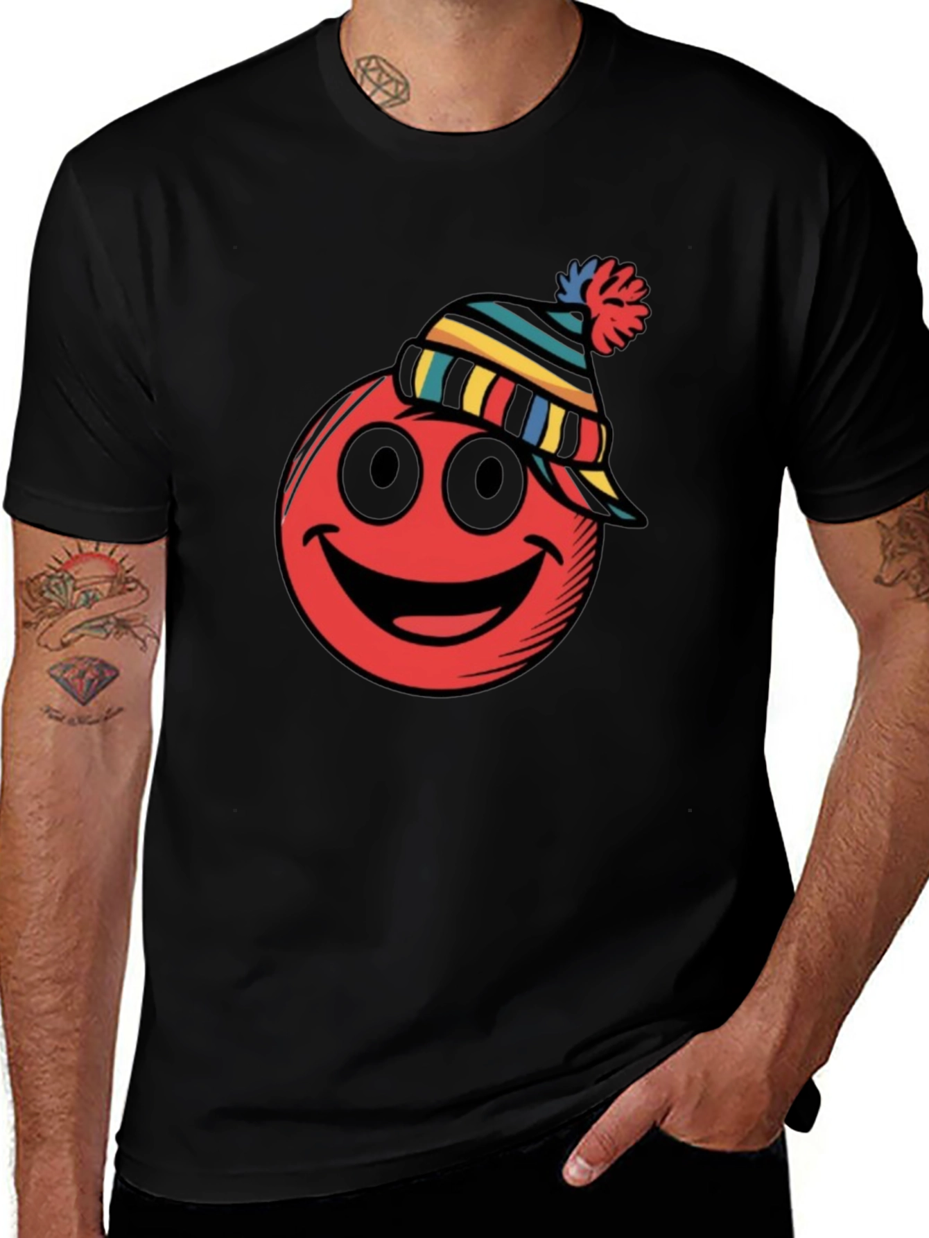 Red Smiley Face Winter Hat Graphic Tee
