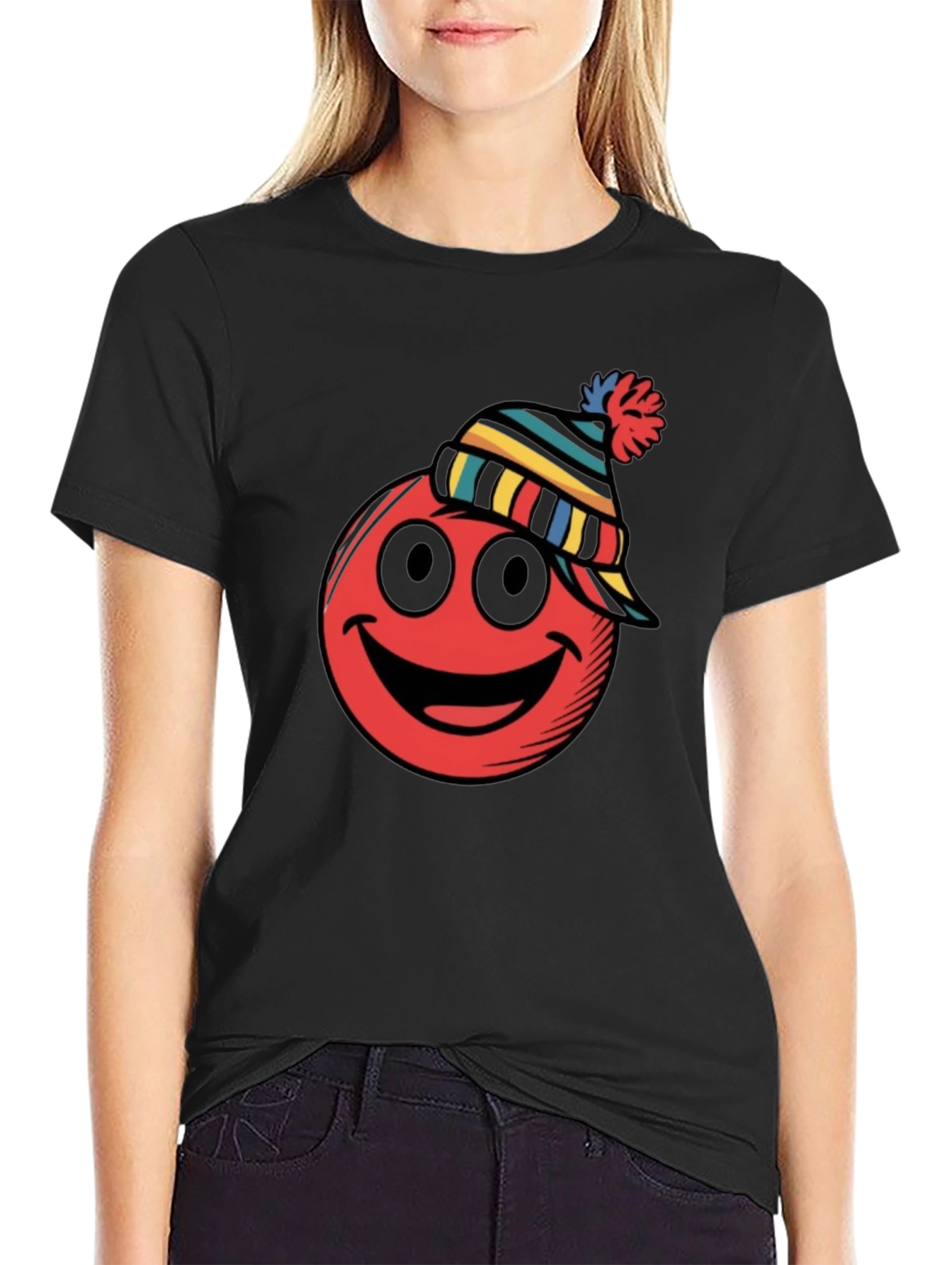 Red Smiley Face Winter Hat Graphic Tee