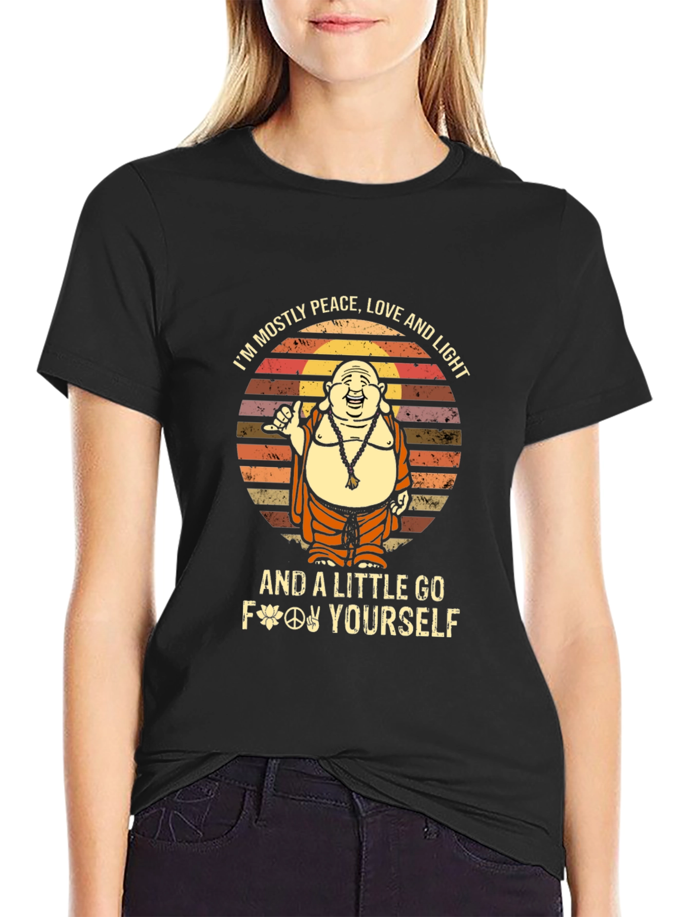 Peace Love Light Go Yourself Funny Buddha Graphic Tee