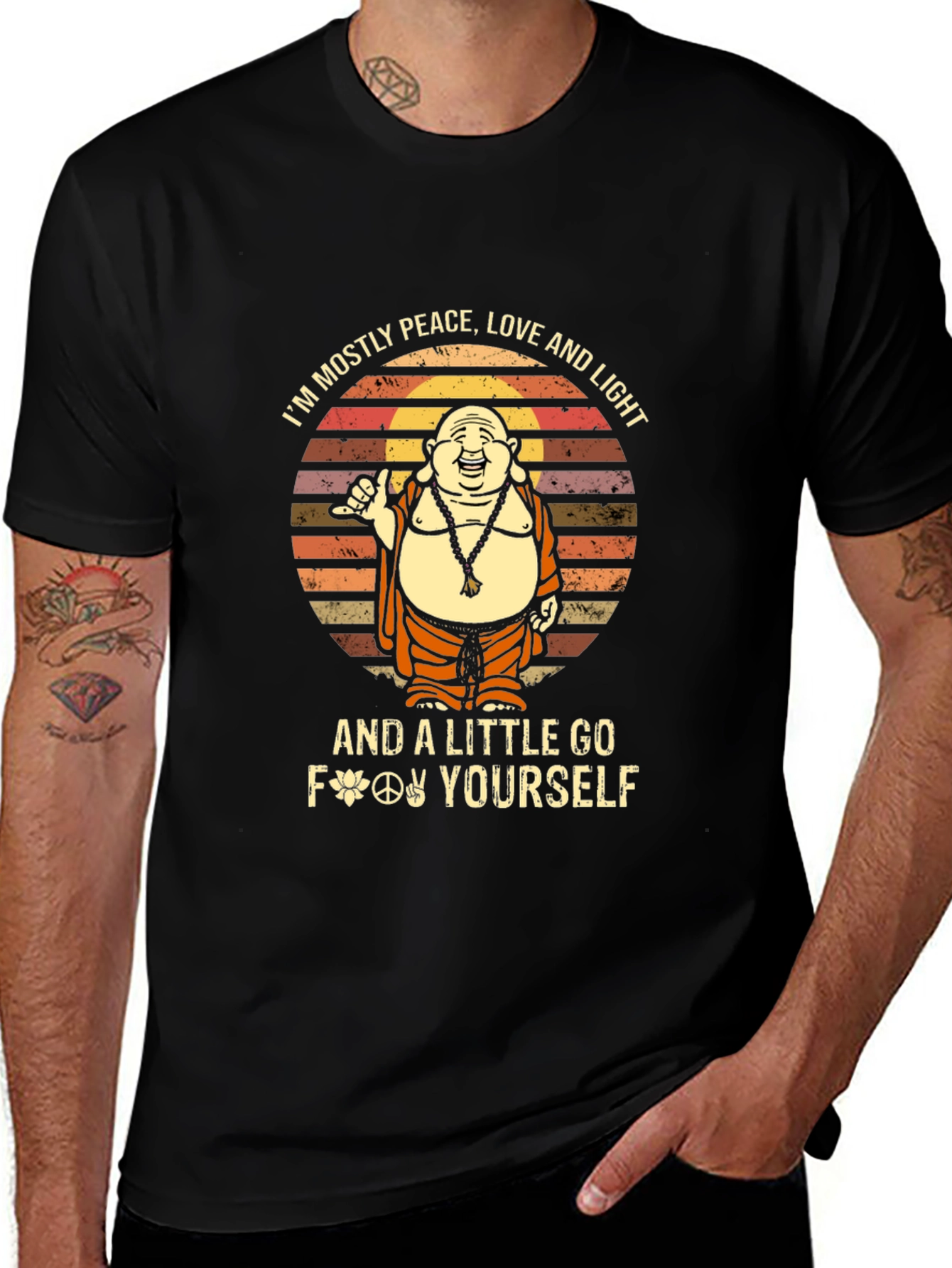 Peace Love Light Go Yourself Funny Buddha Graphic Tee