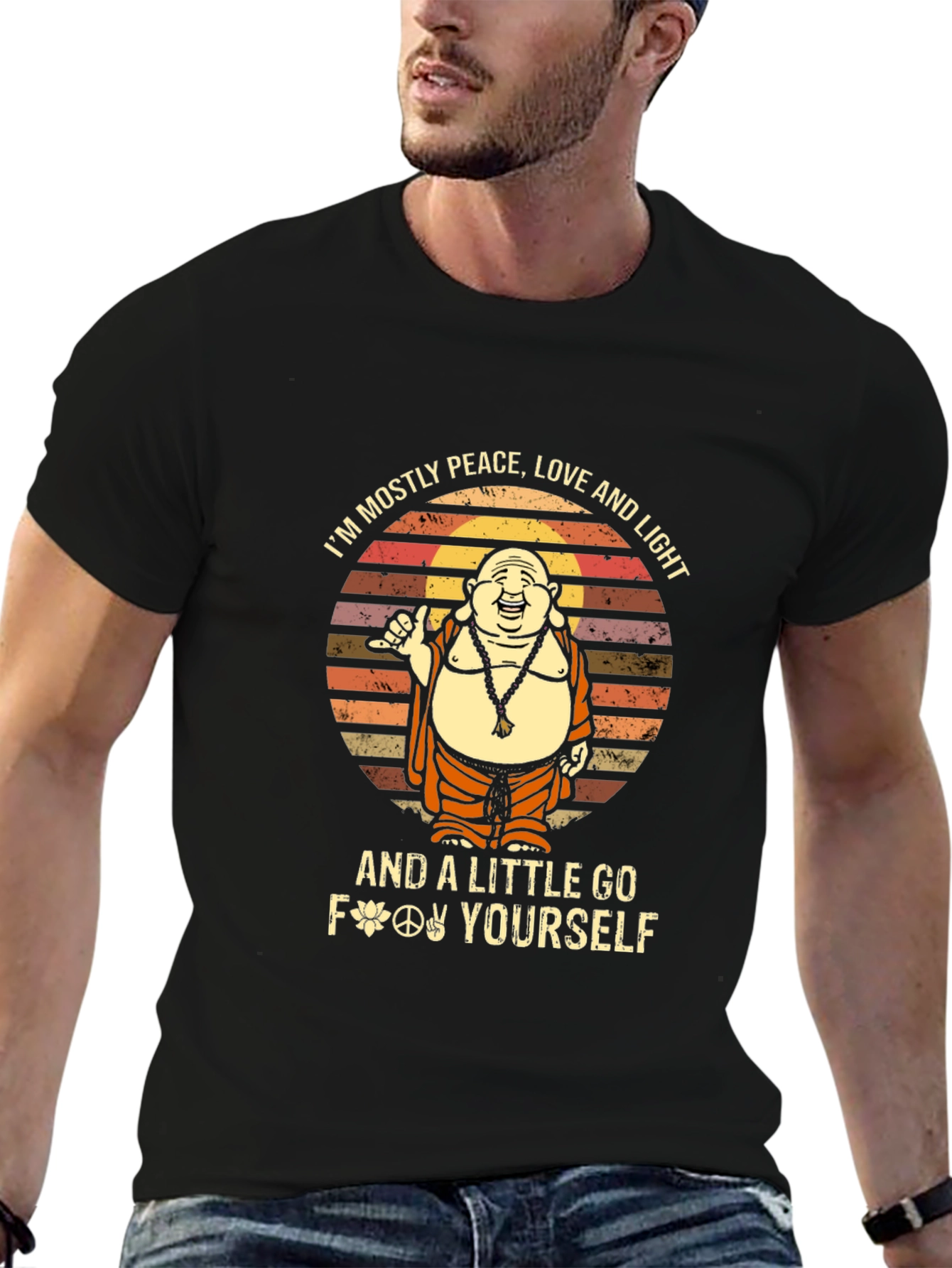 Peace Love Light Go Yourself Funny Buddha Graphic Tee