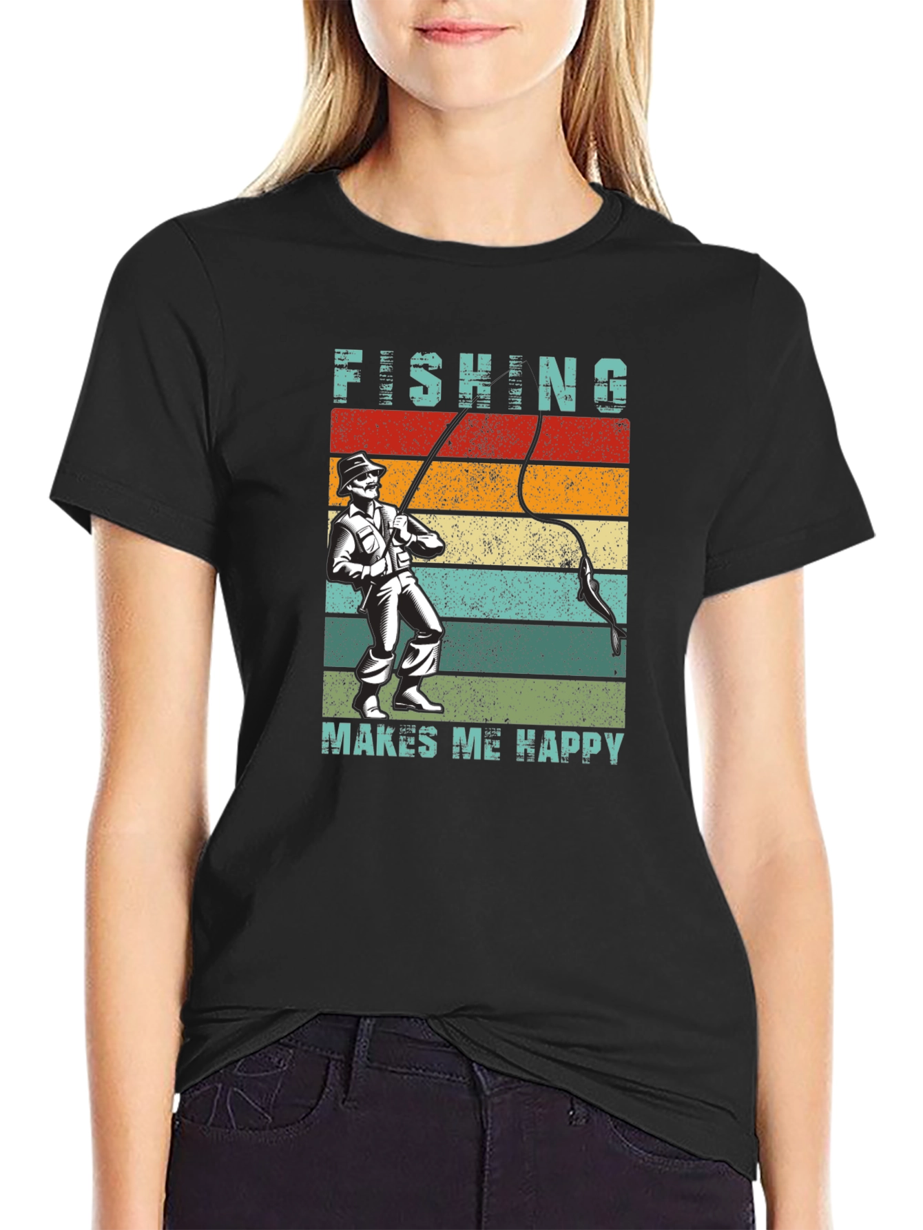 Fishing Makes Me Happy T-Shirt - Retro Style