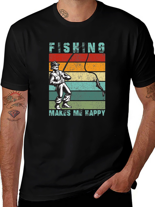 Fishing Makes Me Happy T-Shirt - Retro Style