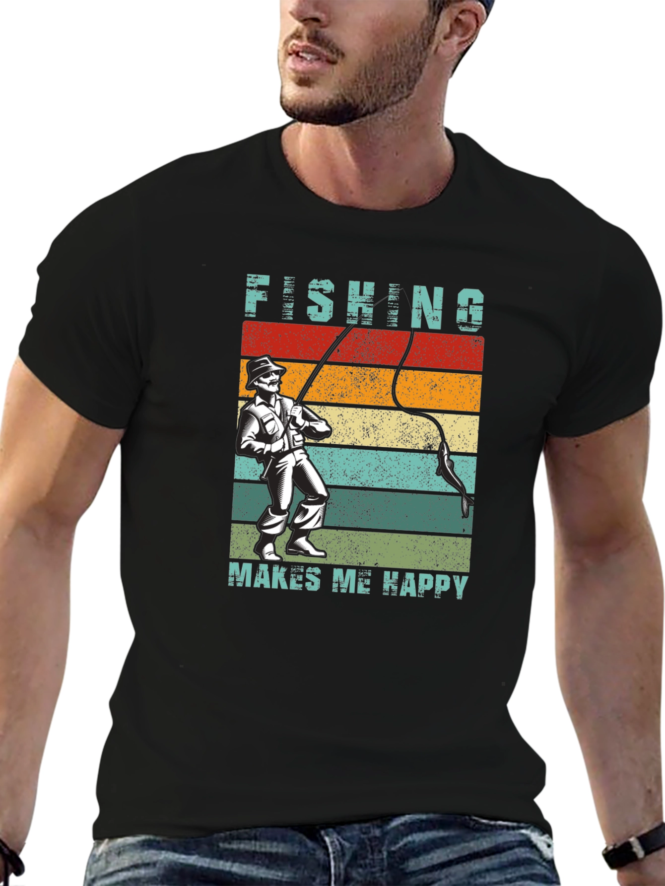 Fishing Makes Me Happy T-Shirt - Retro Style