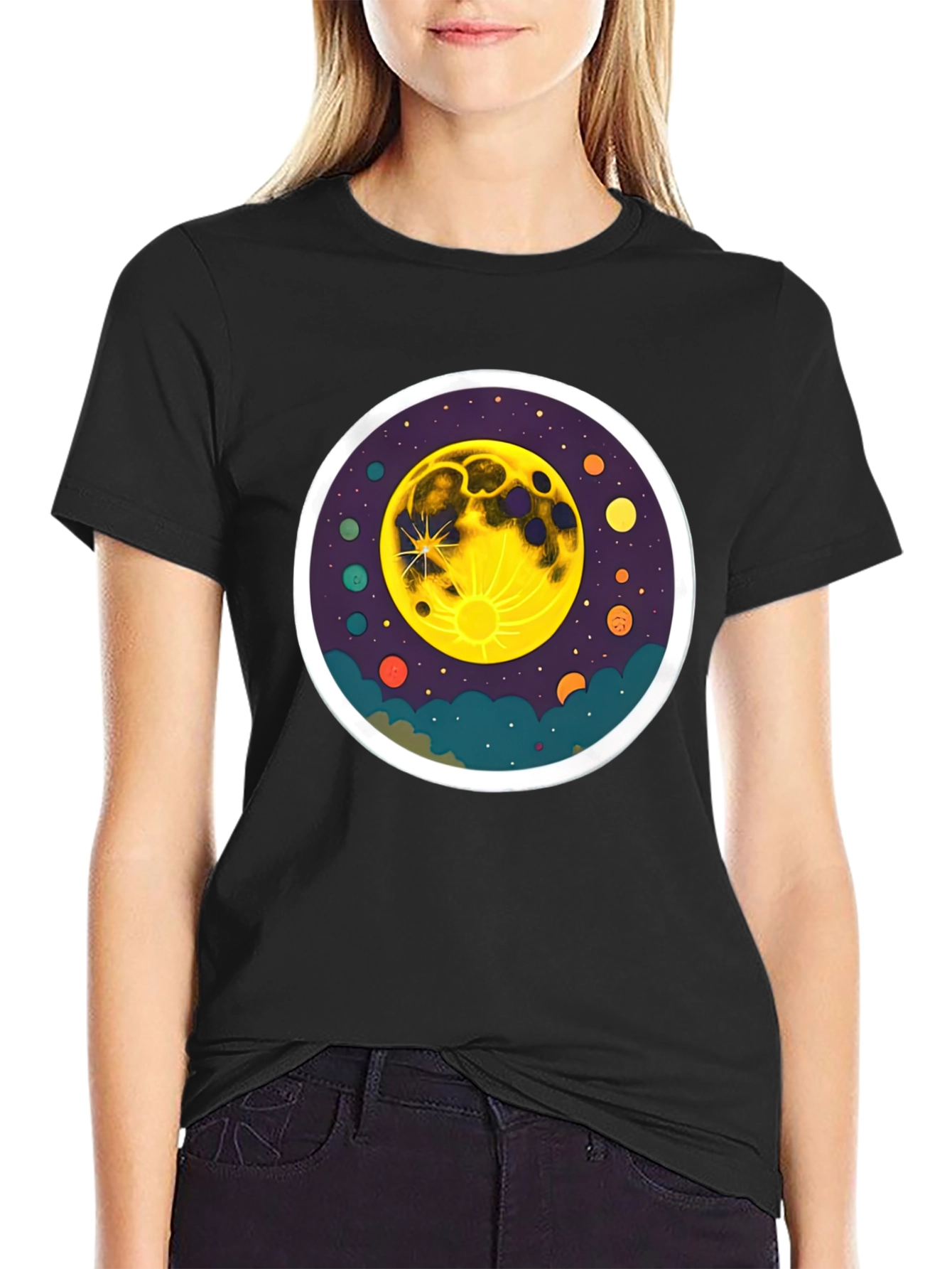 Cosmic Moon Graphic Tee - Black Cotton T-Shirt