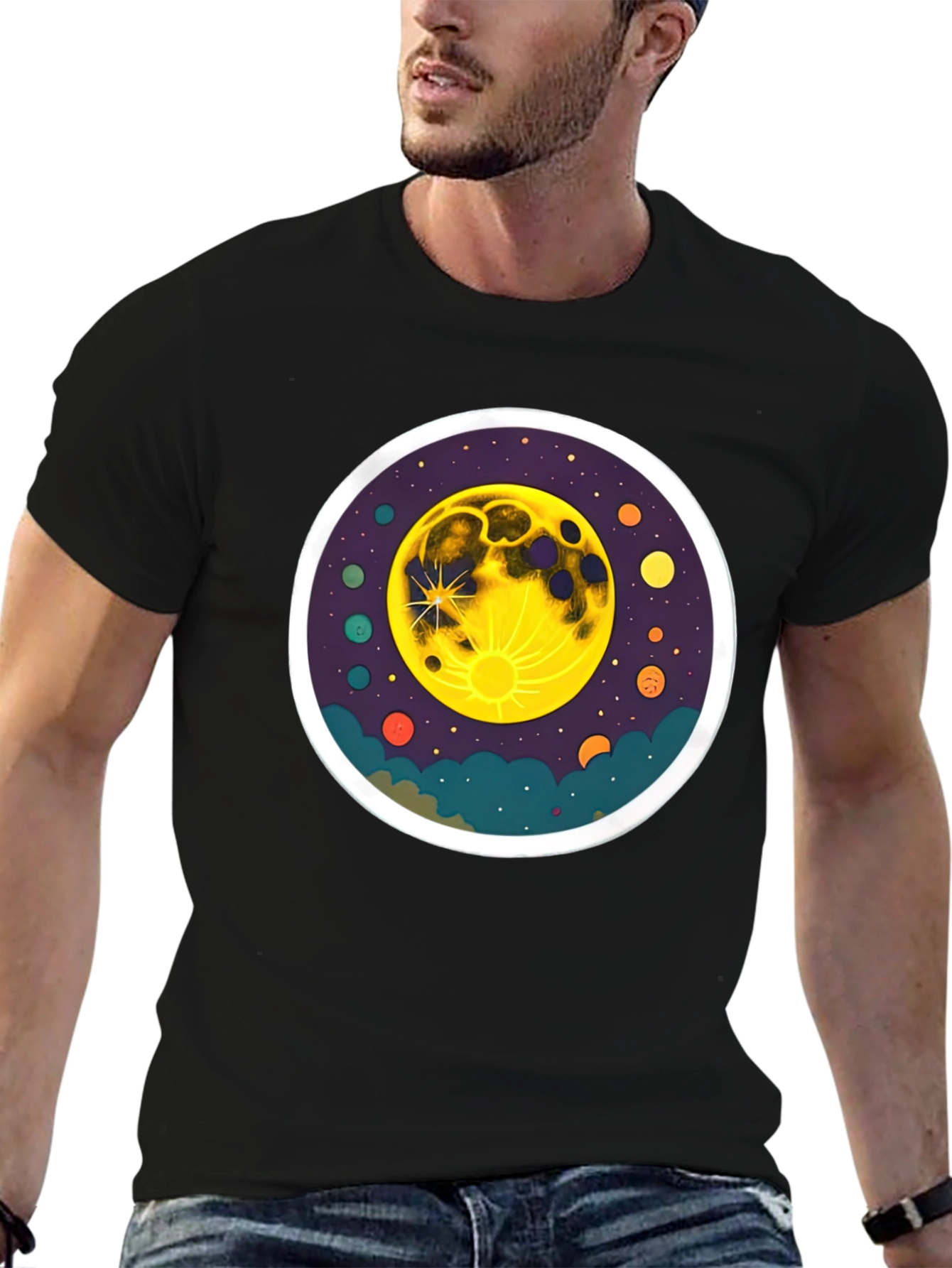 Cosmic Moon Graphic Tee - Black Cotton T-Shirt