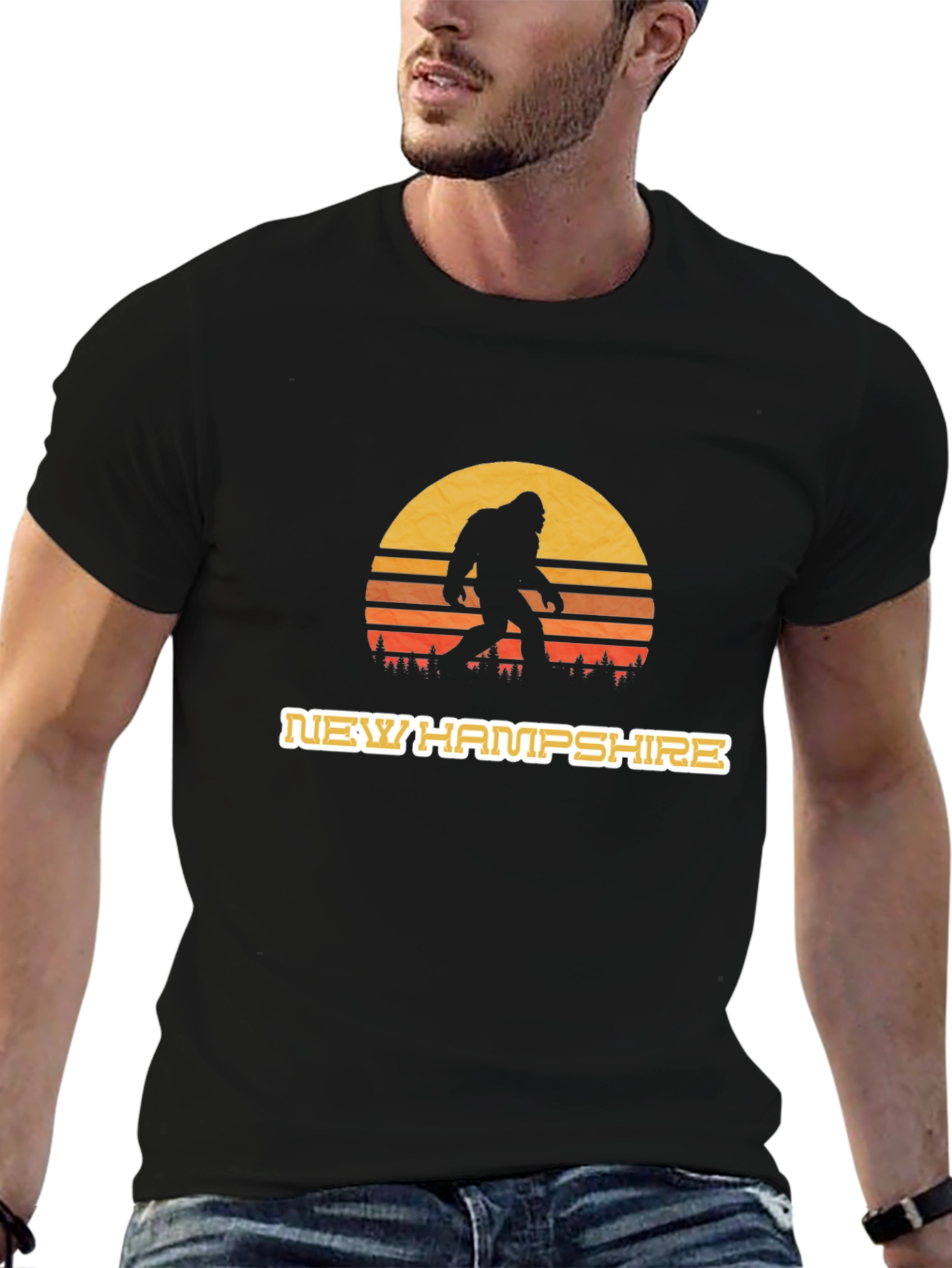 New Hampshire Bigfoot T-Shirt - Retro Sunset Design