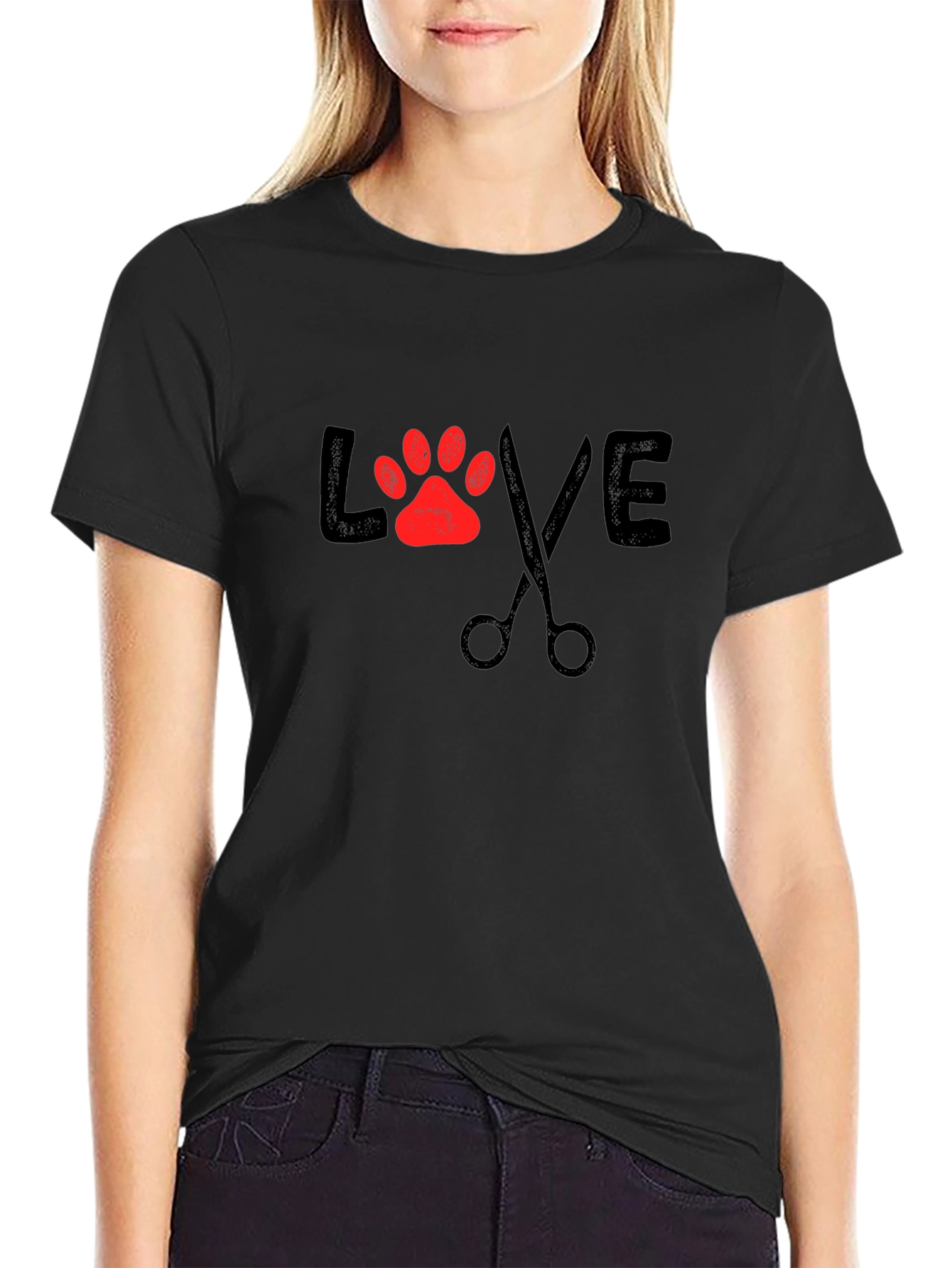 Love Grooming Black T-Shirt Paw Print Scissors