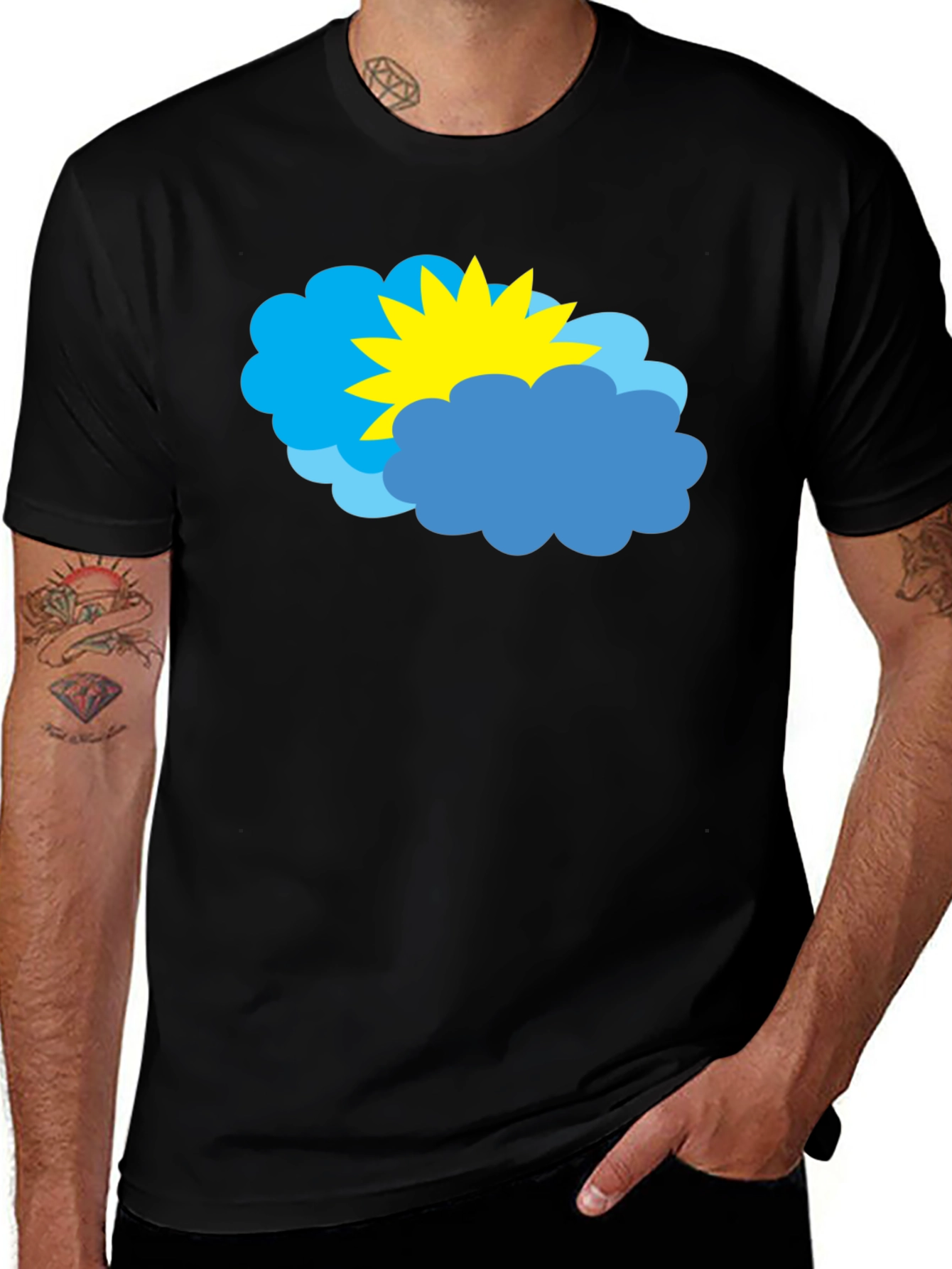 Cartoon Sun & Clouds Graphic Black T-Shirt